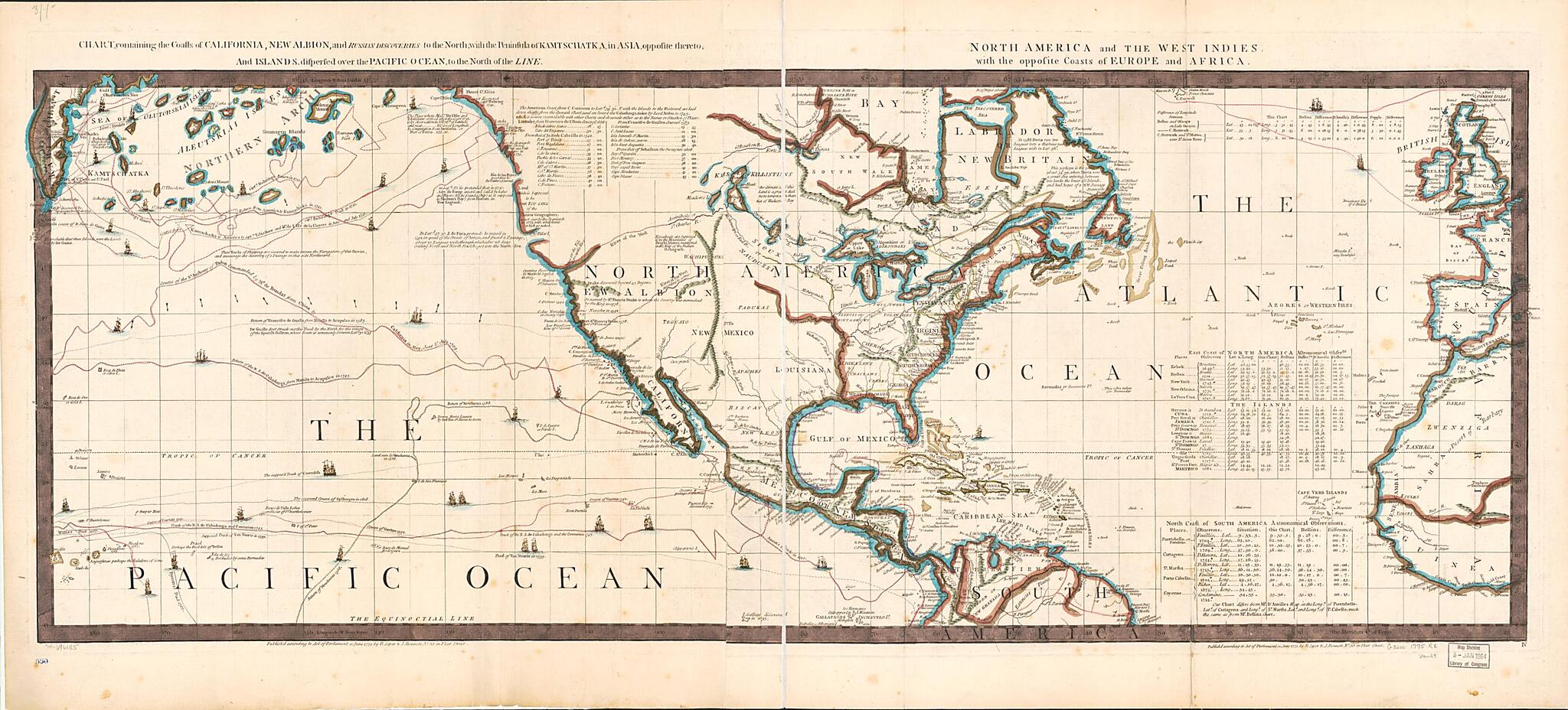 This old map of Chart, Containing the Coasts of California, New Albion, and Russian Discoveries to the North; With the Peninsula of Kamtschatka, In Asia, Opposite Thereto; and Islands, Dispersed Over the Pacific Ocean, to the North of the Line. North Ame