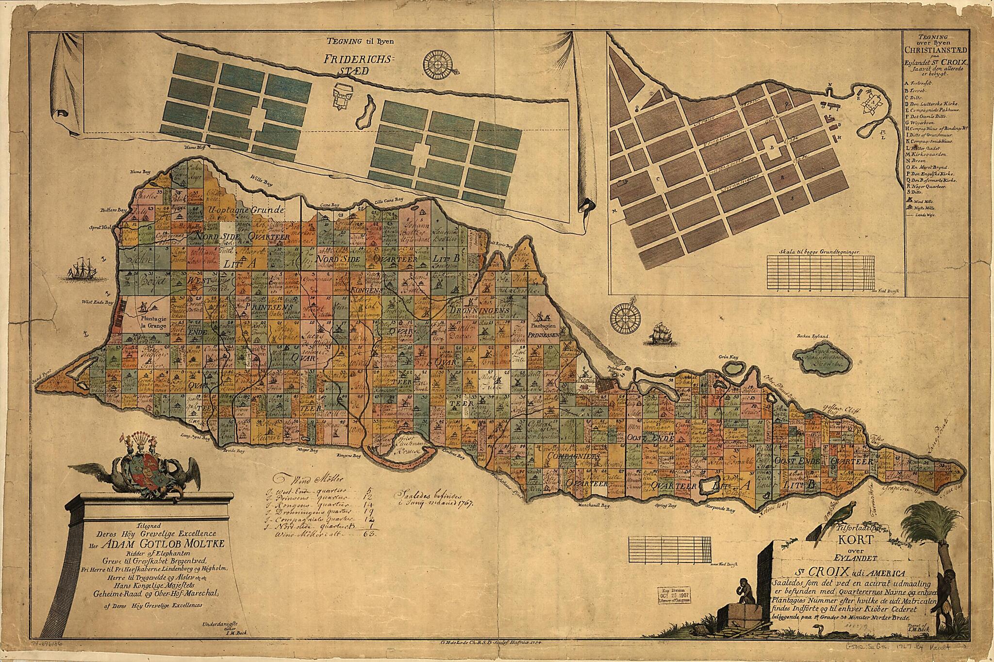 This old map of Tilforladelig Kort Over Eylandet St. Croix Udi America Saaledes Som Det Ved En Acurat Udmaaling Er Besunden Med Qvarterernes Navne Og Enhver Plantagies Nummer Efter Hvilke De Udi Matriculen Findes Indförte Og Til Enhver Kiöber Cederet B