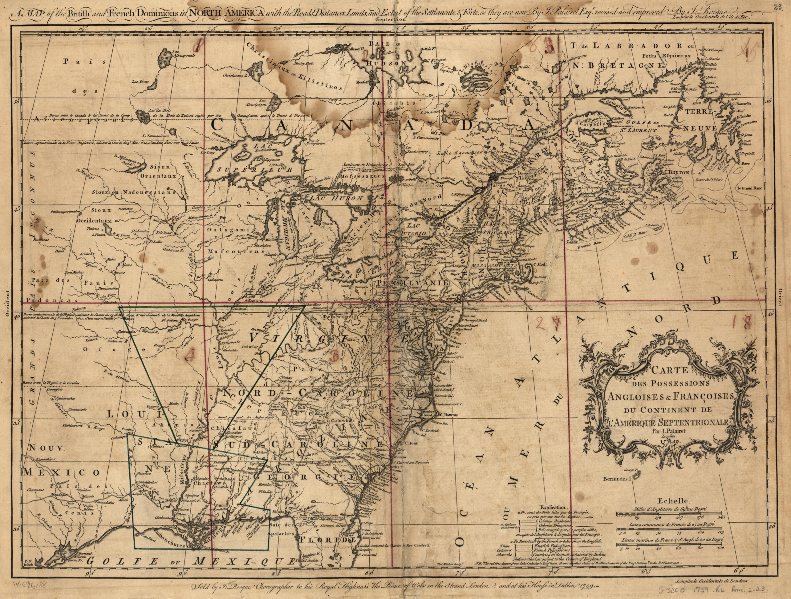 This old map of A Map of the British and French Dominions In North America With the Roads, Distances, Limits, and Extent of the Settlements, & Forts, As They Are Now from 1759 was created by Thomas Kitchin, Jean Palairet, John Rocque in 1759