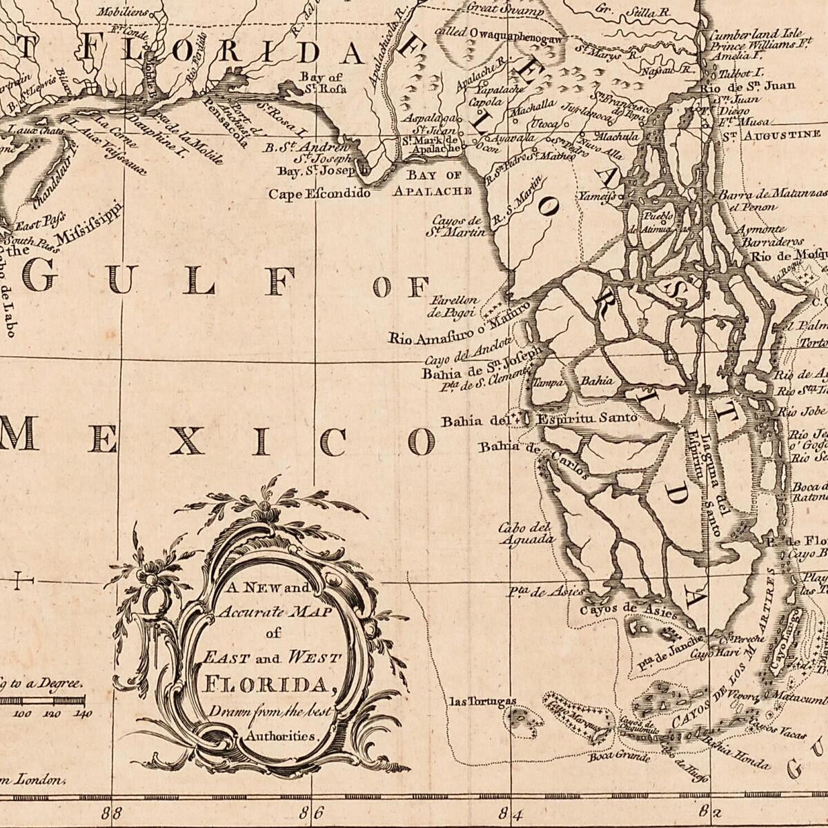 This old map of A New and Accurate Map of East and West Florida from 1765 was created by J. Prockter in 1765