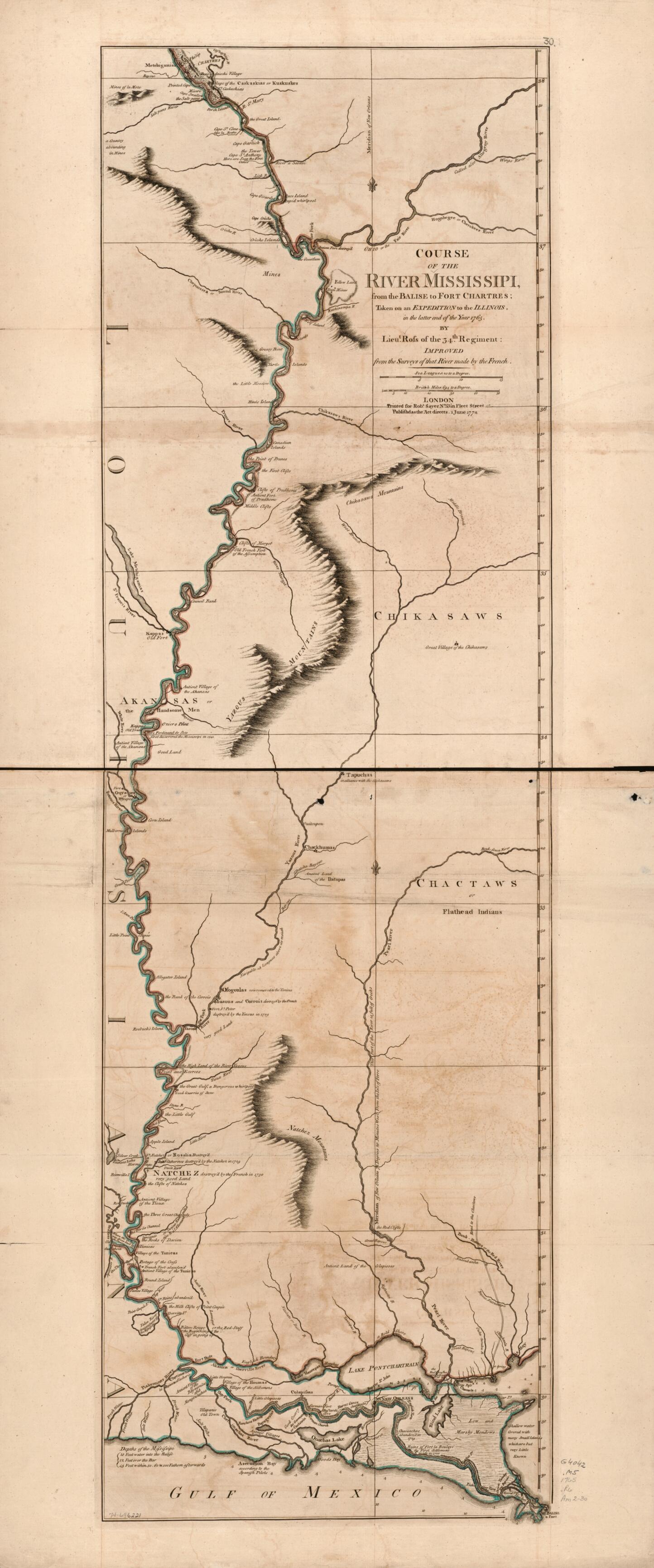 This old map of Course of the River Mississippi, from the Balise to Fort Chartres; Taken On an Expedition to the Illinois, In the Latter End of the Year from 1765 was created by Ross, Robert Sayer in 1765