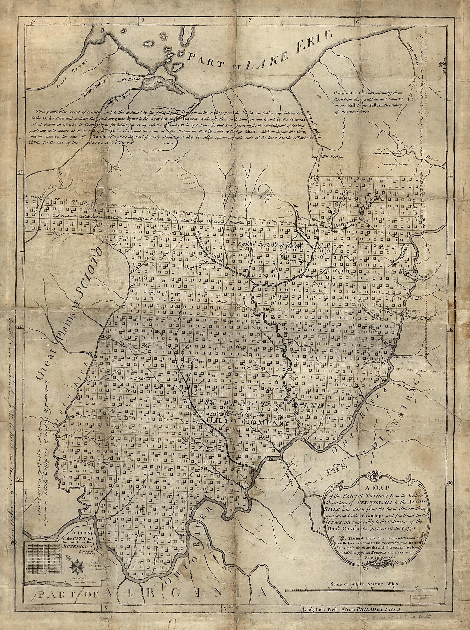 This old map of A Map of the Federal Territory from the Western Boundary of Pennsylvania to the Scioto River from 1785 was created by Manasseh Cutler in 1785