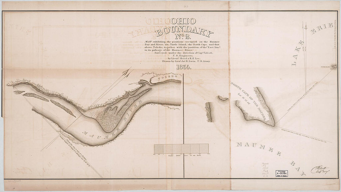 This old map of Ohio Boundary, No. 2. Map Exhibiting the Positions Occupied On the Maumee Bay and River; Viz: Turtle Island, the North Cape, and That Above Toledo; Together With the Position of the East Line, In Its Passage of the Maumee River from 1835