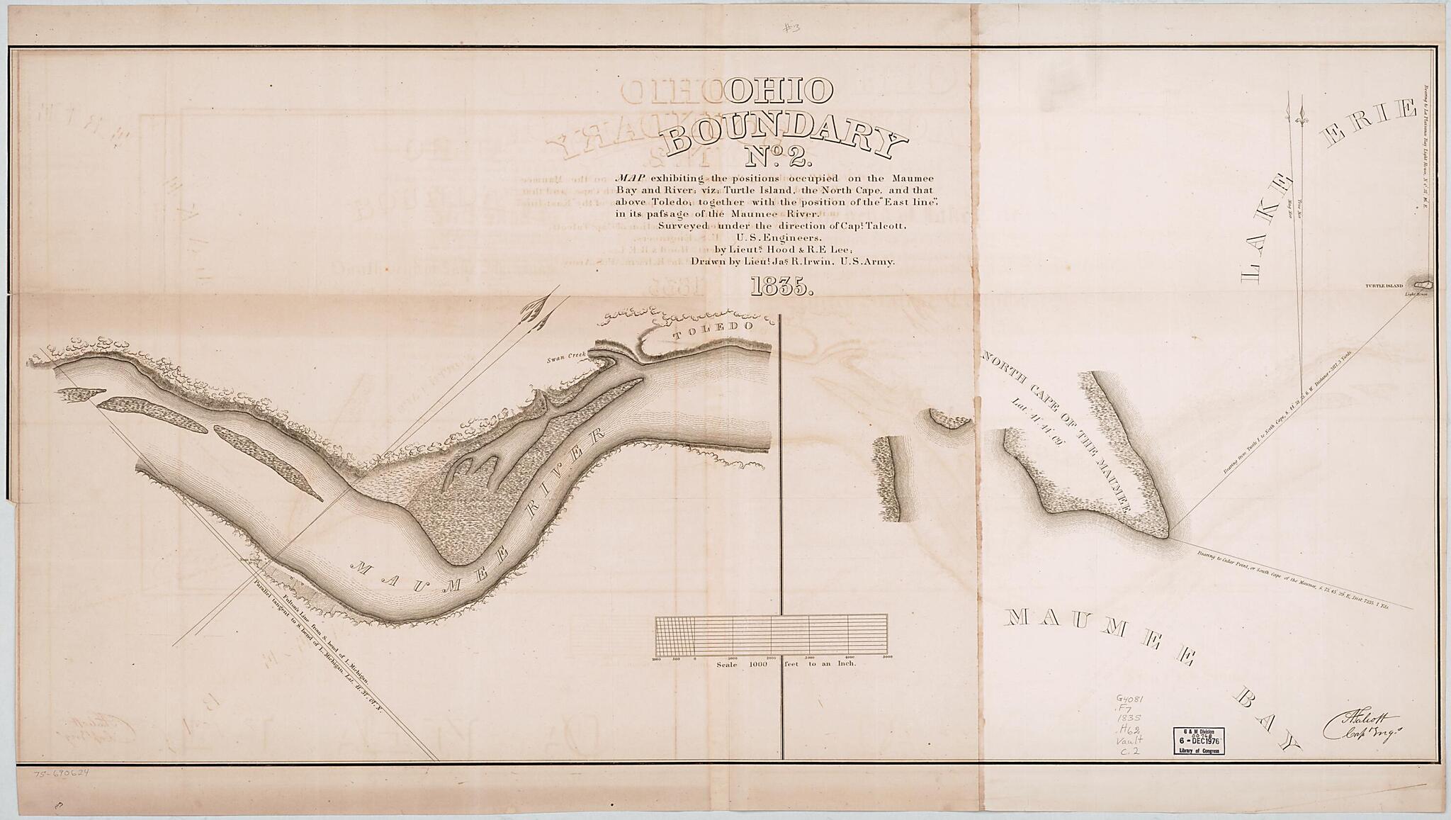 This old map of Ohio Boundary, No. 2. Map Exhibiting the Positions Occupied On the Maumee Bay and River; Viz: Turtle Island, the North Cape, and That Above Toledo; Together With the Position of the East Line, In Its Passage of the Maumee River from 1835