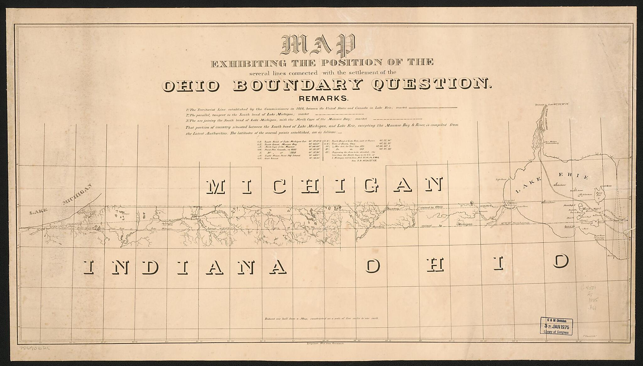 Map Exhibiting the Position of the Several Lines Connected With the Settlement of the Ohio Boundary Question 1835 by Relic Map Company