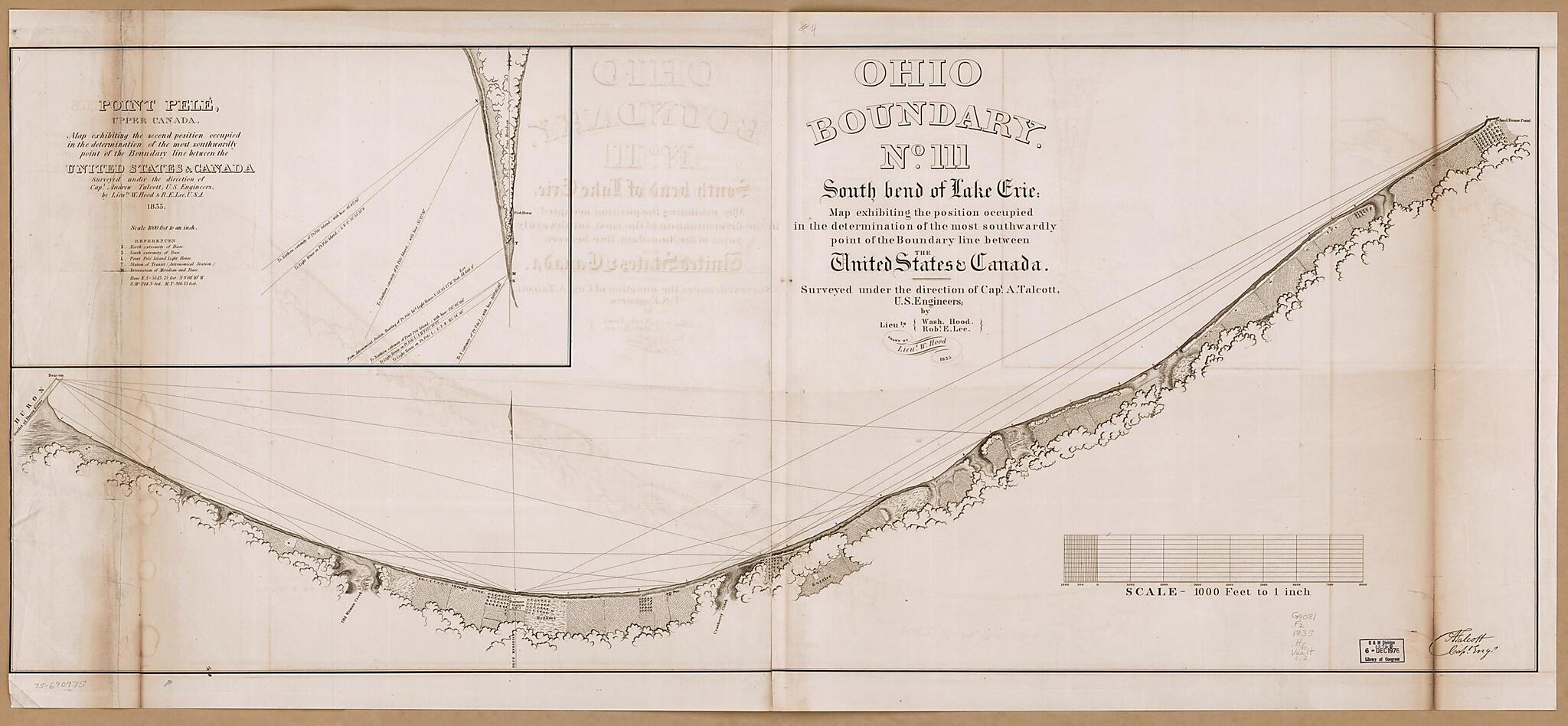 This old map of Ohio Boundary, No. 111. South Bend of Lake Erie: Map Exhibiting the Position Occupied In the Determination of the Most Southwardly Point of the Boundary Line Between the United States & Canada from 1835 was created by Washington Hood, Rob