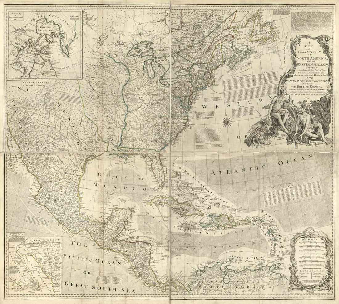 This old map of A New and Correct Map of North America; With the West India Islands. Divided According to the Last Treaty of Peace, Concluded at Paris. 10th. Feby. 1763. Wherein Are Particularly Distinguished, the Several Provinces and Colonies, Which Co
