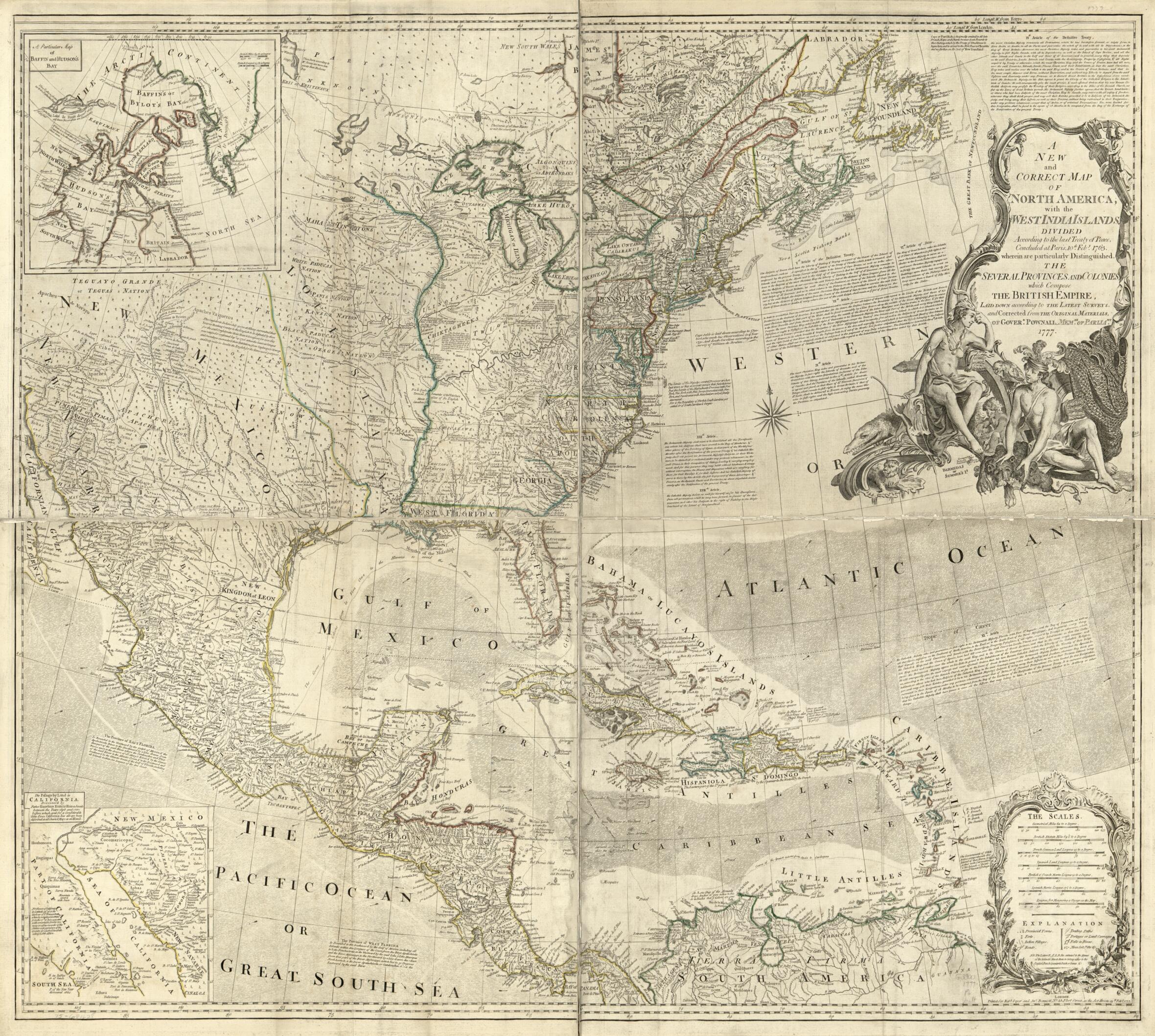 This old map of A New and Correct Map of North America; With the West India Islands. Divided According to the Last Treaty of Peace, Concluded at Paris. 10th. Feby. 1763. Wherein Are Particularly Distinguished, the Several Provinces and Colonies, Which Co