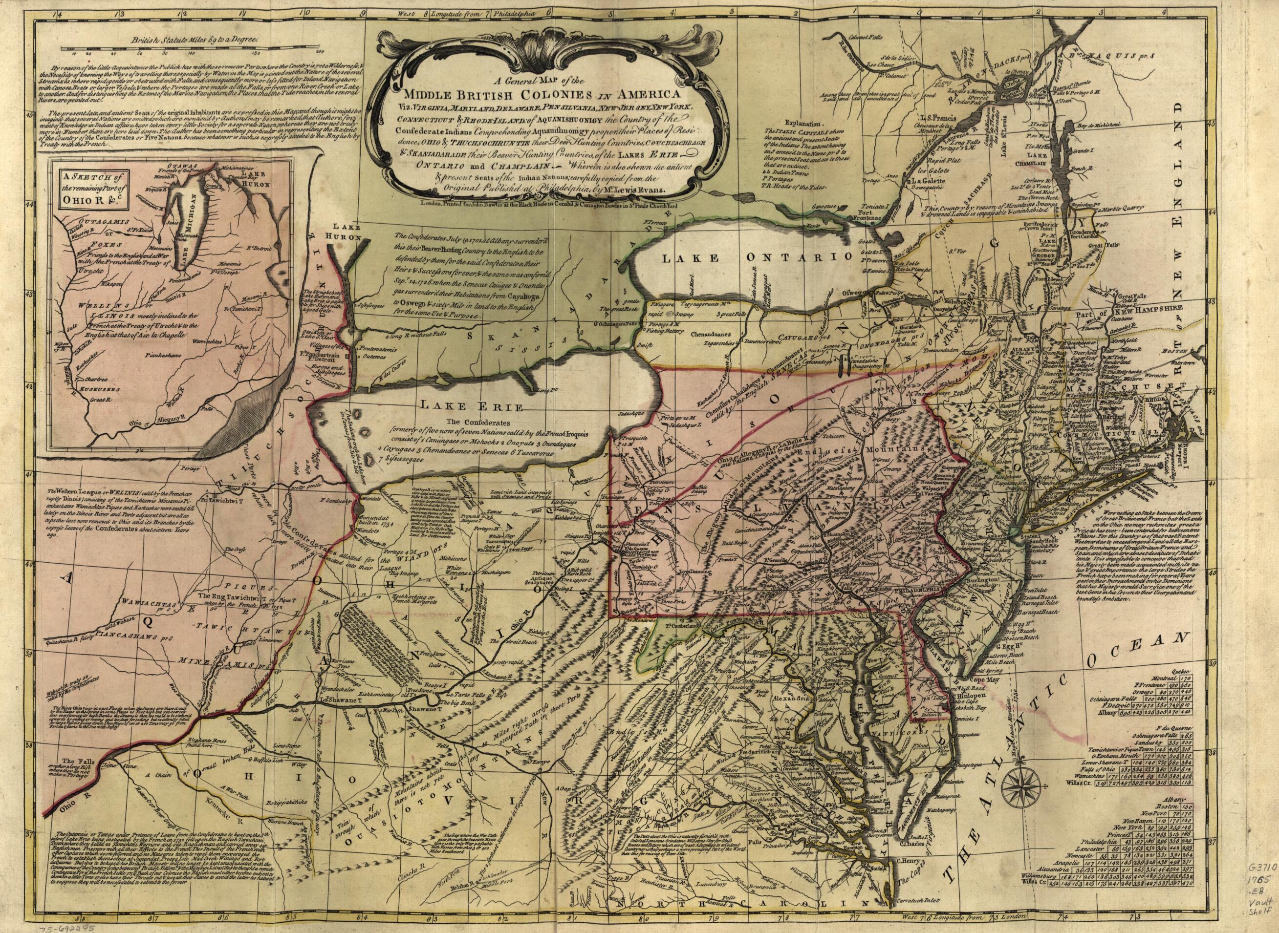 This old map of Jersey, New York, Connecticut & Rhode-Island: of Aquanishuonigy the Country of the Confederate Indians Comprehending Aquanishuonigy Proper, Their Places of Residence, Ohio & Thuchsochruntie Their Deer Hunting Countries, Couchsachrage & Sk