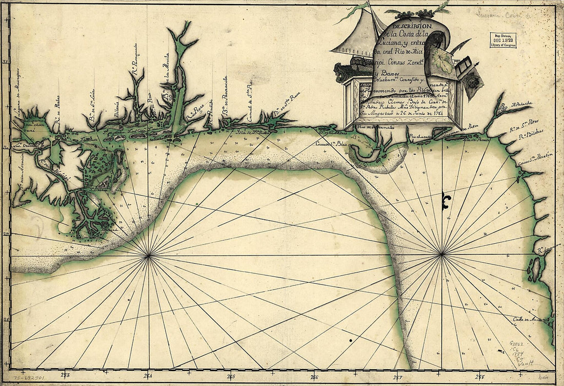 This old map of Descripsión De La Costa De La Luciana Y Entrada En El Río De Micisipi Con Sus Zonds. Y Baxos, Nuebamte. Correjido Y Enmendo Por Los Pilos. De La Armada, El Año 1769 from 1784 was created by Andres Clemes in 1784