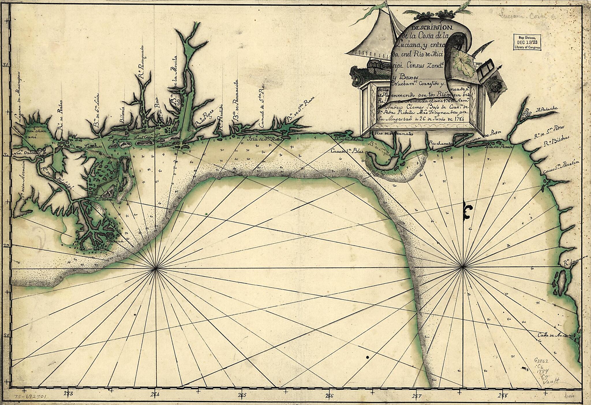 This old map of Descripsión De La Costa De La Luciana Y Entrada En El Río De Micisipi Con Sus Zonds. Y Baxos, Nuebamte. Correjido Y Enmendo Por Los Pilos. De La Armada, El Año 1769 from 1784 was created by Andres Clemes in 1784