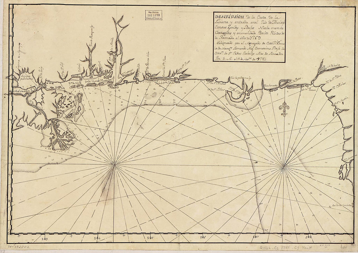 Descripsión De La Costa De La Luciana Y Entrada En El Río De Micisipi Con Sus Zondas Y Bajos, Nuebamente Corregidos Y Enmendado Por Los Pilotos De La Armada, El Año De 1769 1784 by Relic Map Company