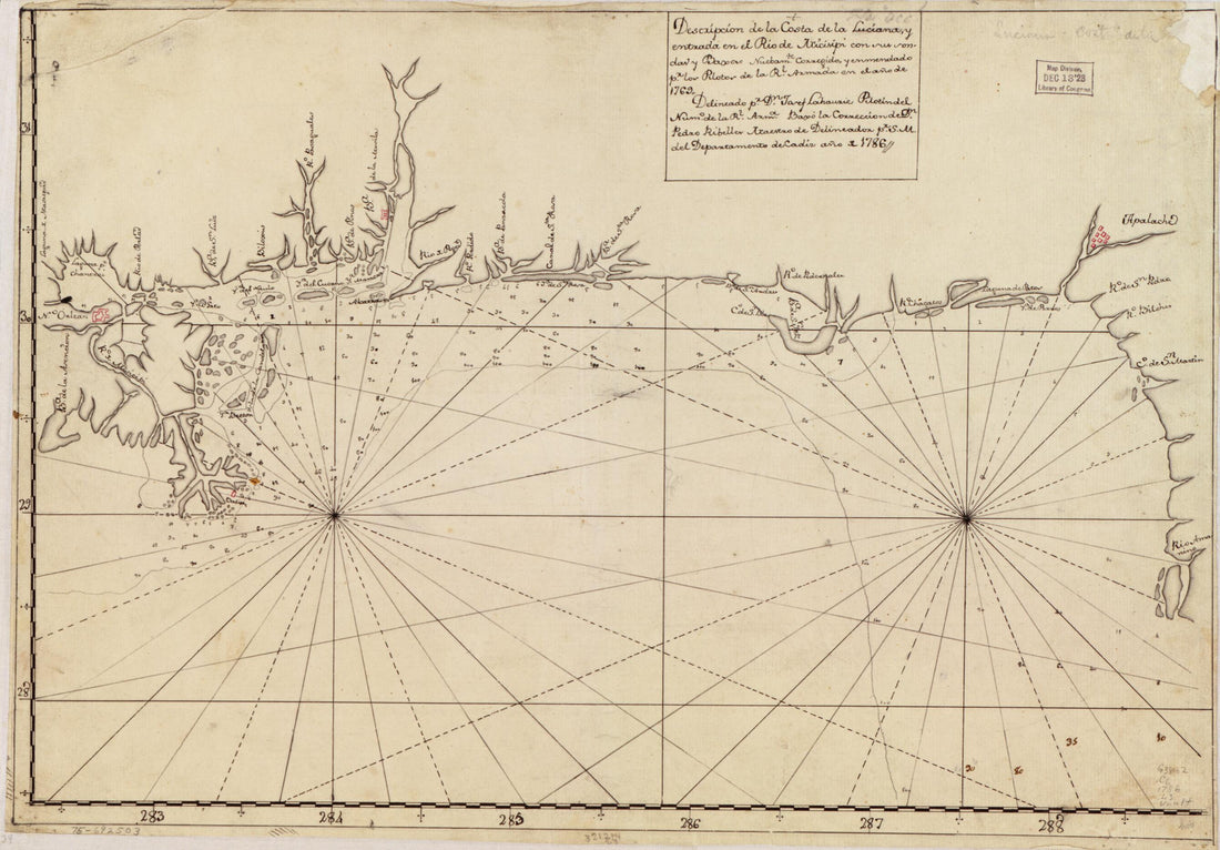 This old map of Descripción De La Costa De La Luciana Y Entrada En El Río De Micisipi Con Sus Sondas Y Bajos Nuebamte. Corregido Y Enmendado Pr. Los Pilotos De La Rl. Armada En El Año De 1769 from 1786 was created by Josef Lahaurie Meritorio in 1786