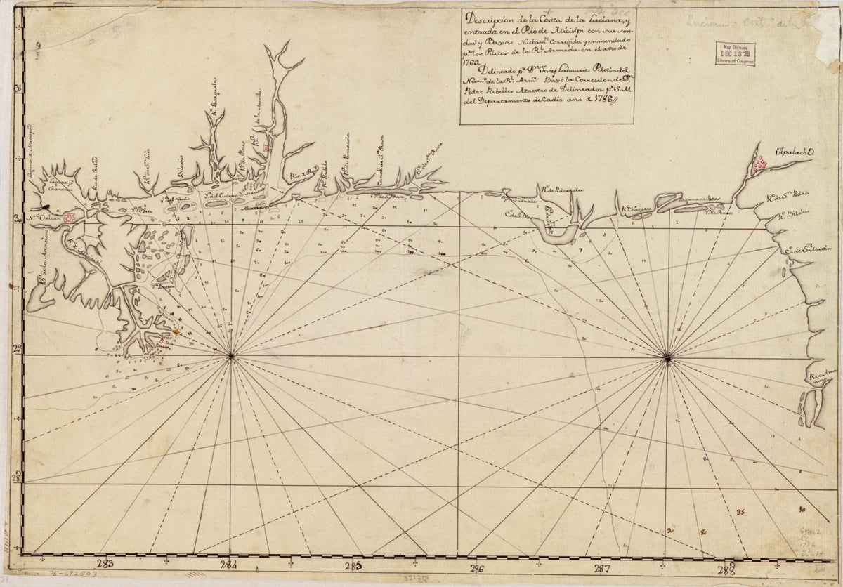 Descripción De La Costa De La Luciana Y Entrada En El Río De Micisipi Con Sus Sondas Y Bajos Nuebamte. Corregido Y Enmendado Pr. Los Pilotos De La Rl. Armada En El Año De 1769 1786 by Relic Map Company
