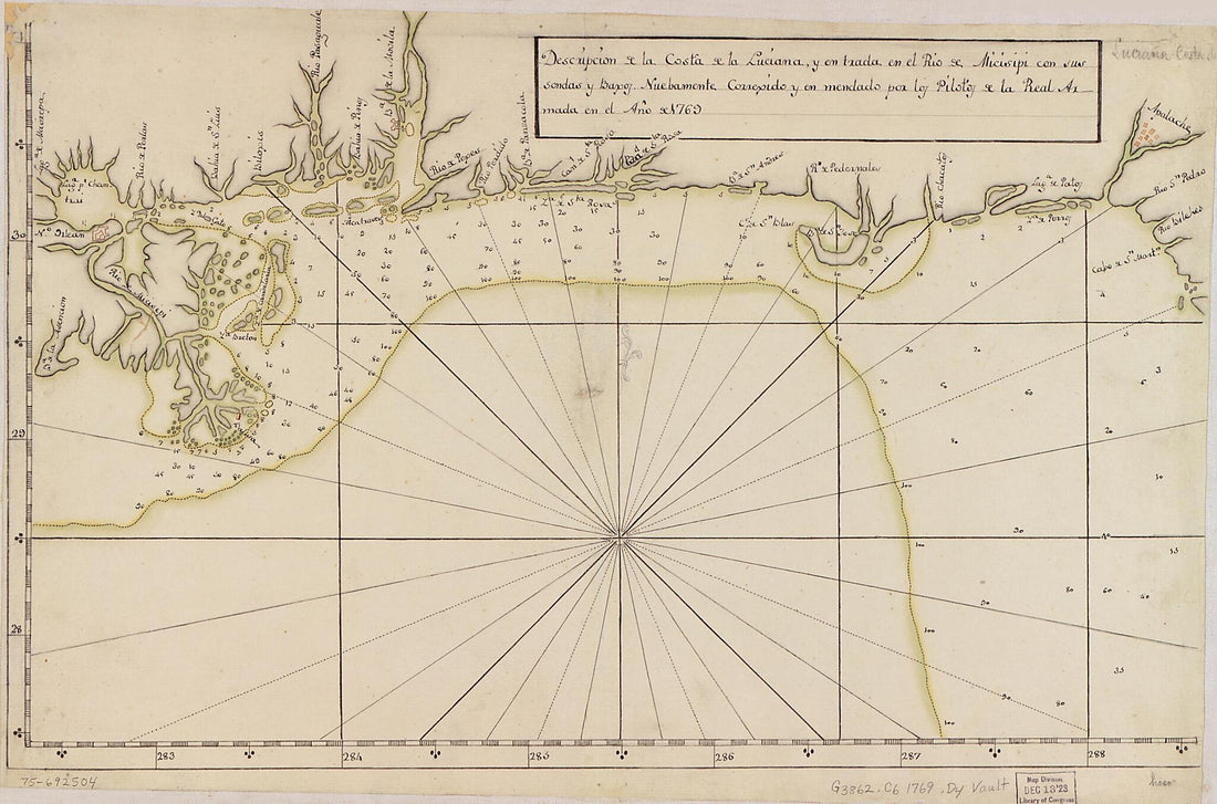 This old map of Descripción De La Costa De La Luciana Y Entrada En El Río De Micisipi Con Sus Sondas Y Bajos, Nuebamente Correjido Y Enmendado Por Los Pilotos De La Real Armada En El Año De from 1769 was created by in 1769