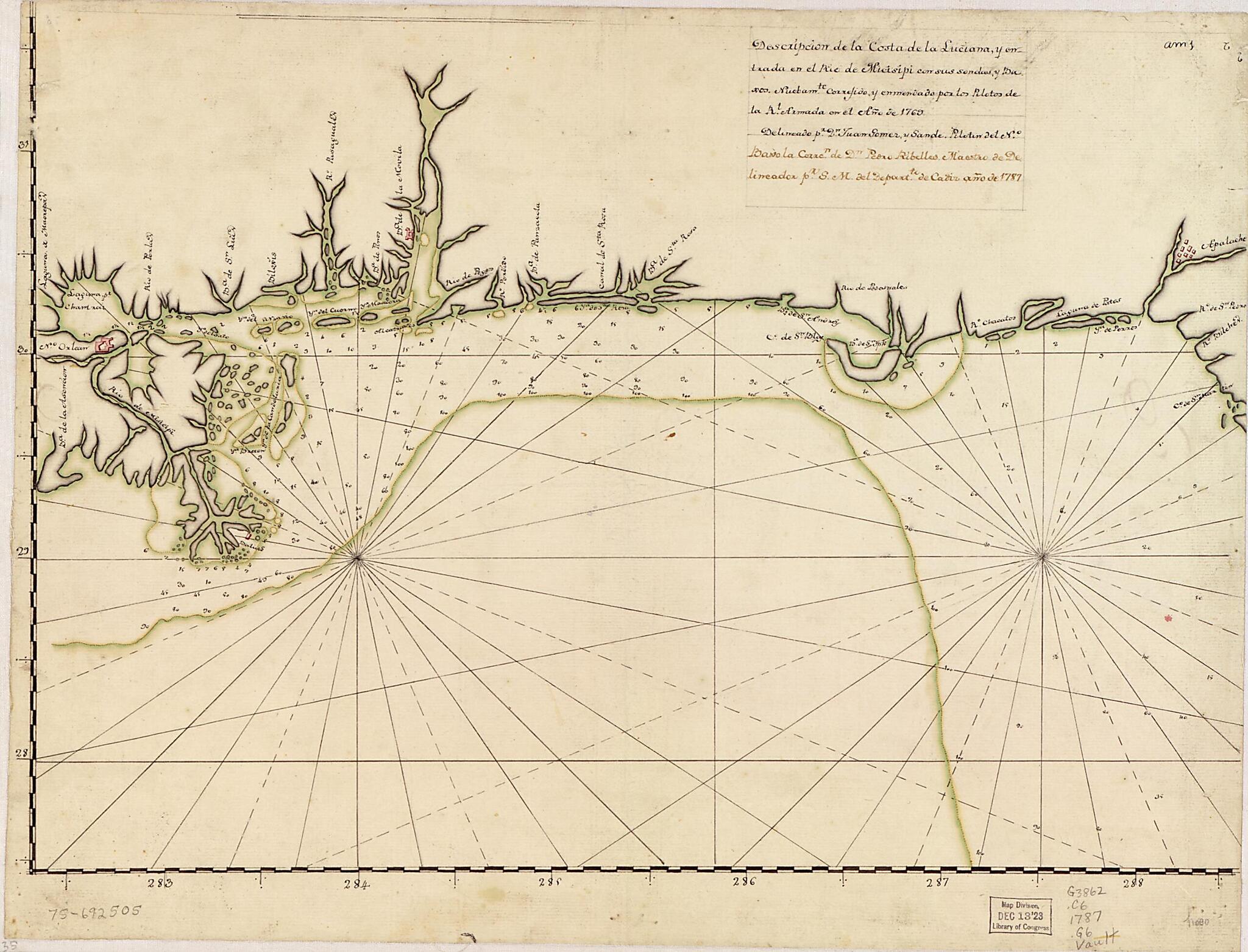 This old map of Descripción De La Costa De La Luciana Y Entrada En El Río De Micisipi Con Sus Sondas Y Bajos, Nuebamte. Correjido Y Enmendado Por Los Pilotos De La Rl. Armada En El Año De 1769 from 1787 was created by Juan Gómez Y Sande in 1787