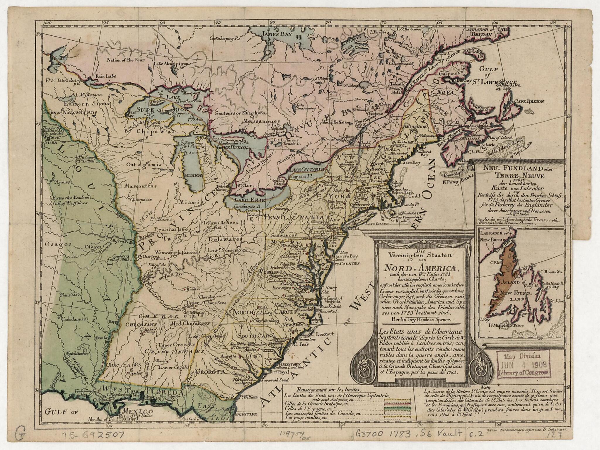 America, Nach Der Von Wm. Faden 1783 Herausgegebenen Charte, Auf Welcher Alle Im Englisch Americanischen Kriege Vorzüglich Merkwürdig Gewordenen Örter Angezeigt, Auch Die Grenzen Zwischen Grosbrittanien, America Und Spanien Nach Maasgabe Des Friede... by Relic Map Company