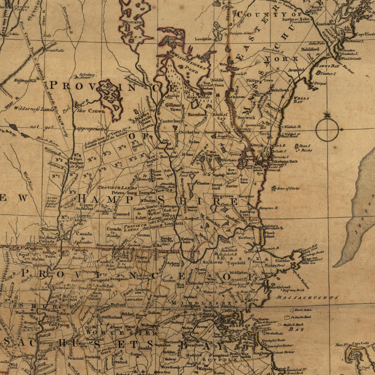 This old map of A Map of the Most Inhabited Part of New England, Containing the Provinces of Massachusets Bay and New Hampshire, With the Colonies of Conecticut and Rhode Island, Divided Into Counties and Townships: the Whole Composed from Actual Surveys
