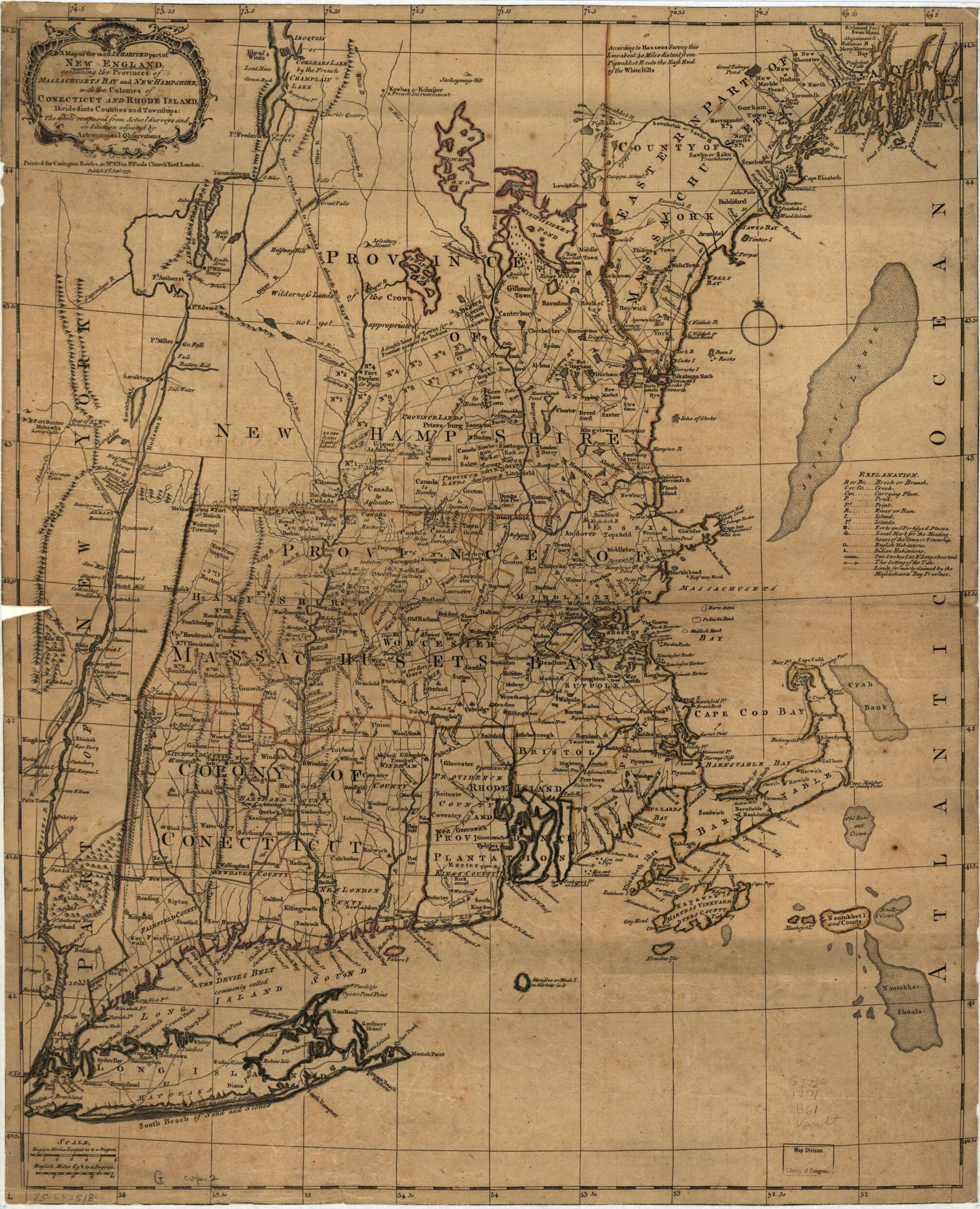 This old map of A Map of the Most Inhabited Part of New England, Containing the Provinces of Massachusets Bay and New Hampshire, With the Colonies of Conecticut and Rhode Island, Divided Into Counties and Townships: the Whole Composed from Actual Surveys