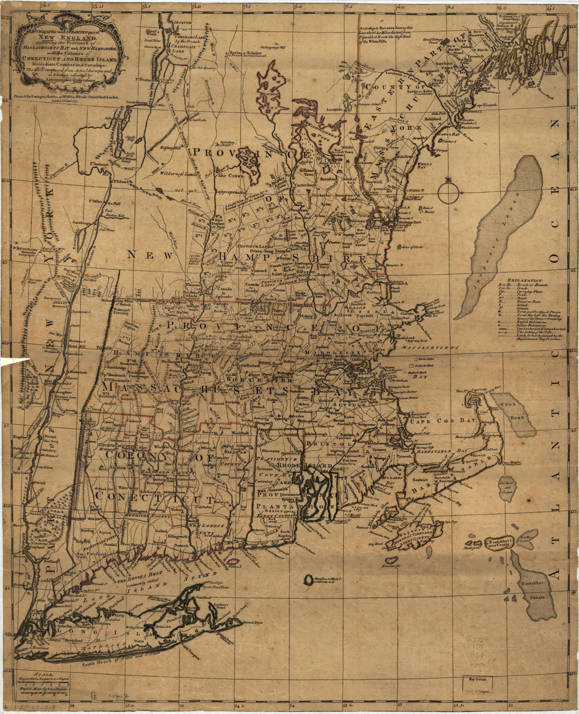 This old map of A Map of the Most Inhabited Part of New England, Containing the Provinces of Massachusets Bay and New Hampshire, With the Colonies of Conecticut and Rhode Island, Divided Into Counties and Townships: the Whole Composed from Actual Surveys