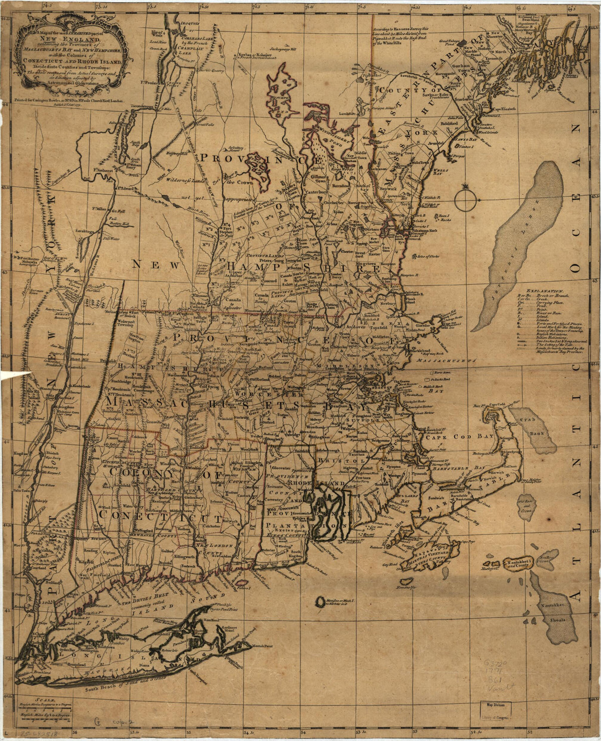 A Map of the Most Inhabited Part of New England, Containing the Provinces of Massachusets Bay and New Hampshire, With the Colonies of Conecticut and Rhode Island, Divided Into Counties and Townships: the Whole Composed from Actual Surveys and Its Situ... by Relic Map Company