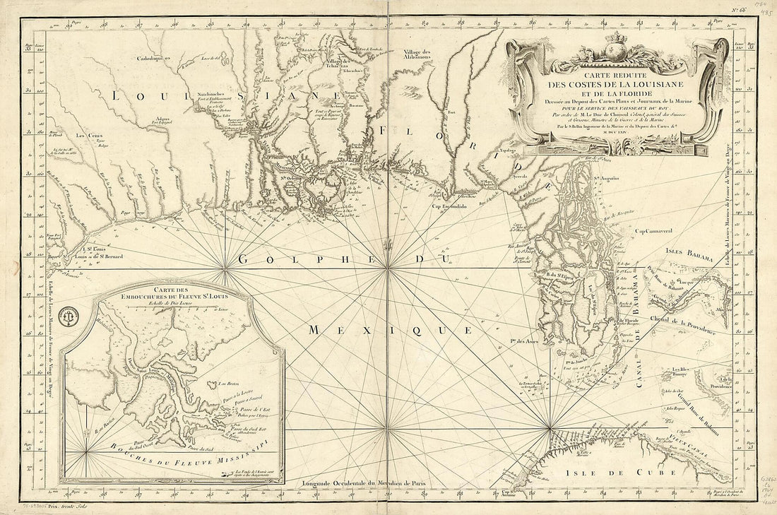 This old map of Carte Réduite Des Costes De La Louisiane Et De La Floride from 1764 was created by Jacques Nicolas Bellin, France. Dépôt Des Cartes Et Plans De La Marine in 1764