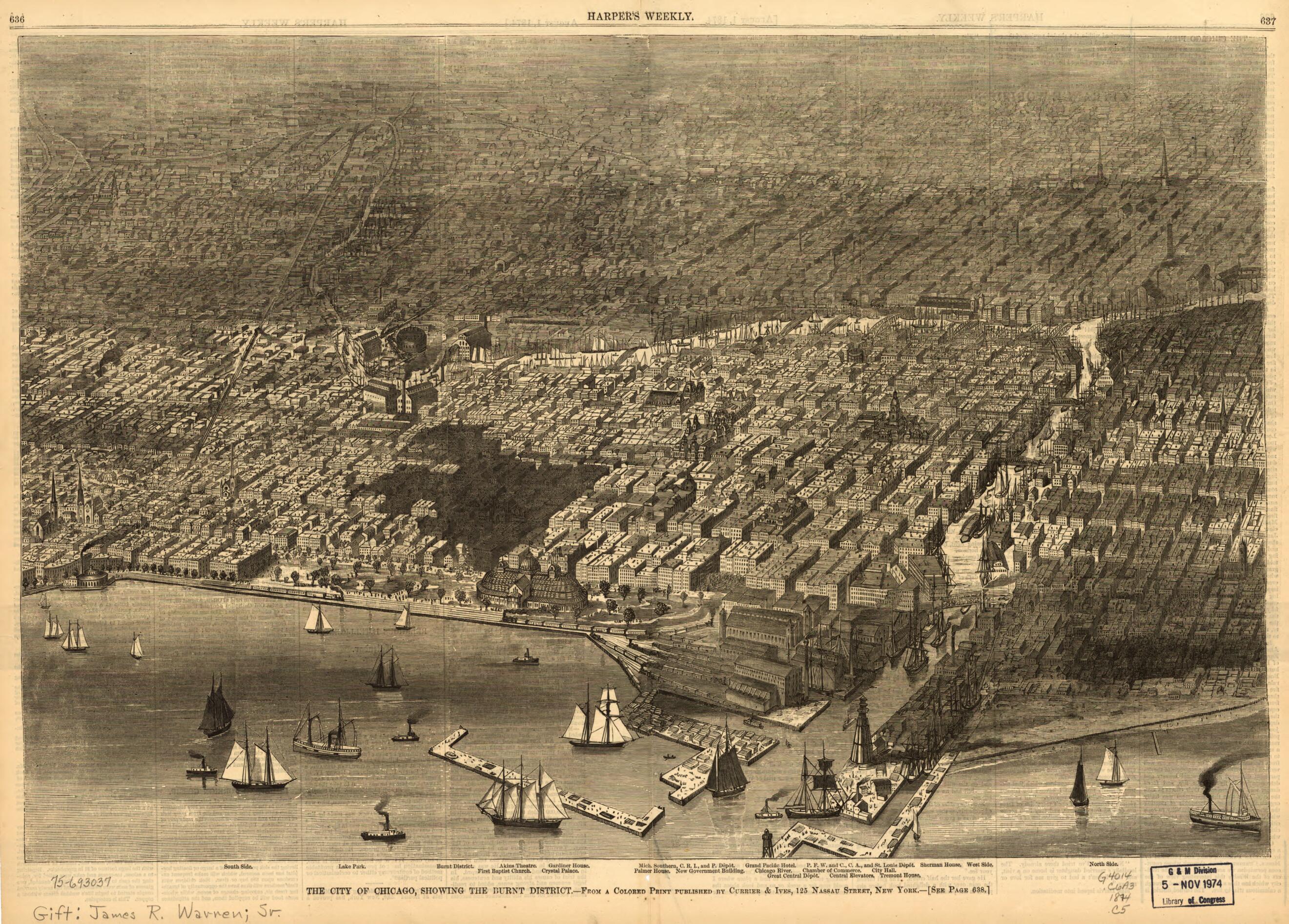 This old map of The City of Chicago, Showing the Burnt District from 1874 was created by Currier & Ives in 1874