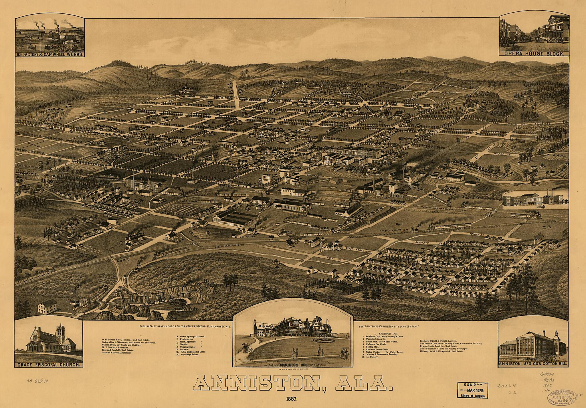 This old map of Anniston,Alabama from 1887 was created by Beck & Pauli, Henry Wellge & Co in 1887
