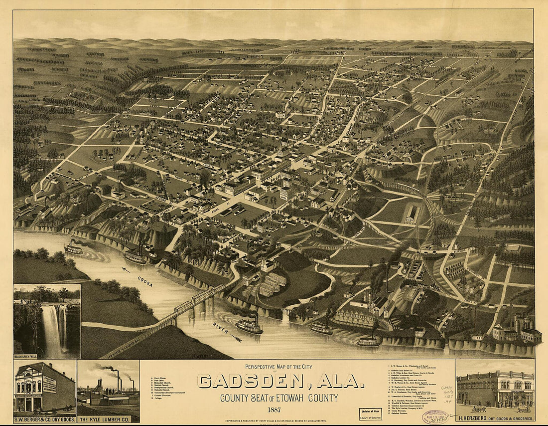 This old map of Perspective Map of the City of Gadsden,Alabama County Seat of Etowah County from 1887 was created by Beck & Pauli, Henry Wellge & Co, H. (Henry) Wellge in 1887