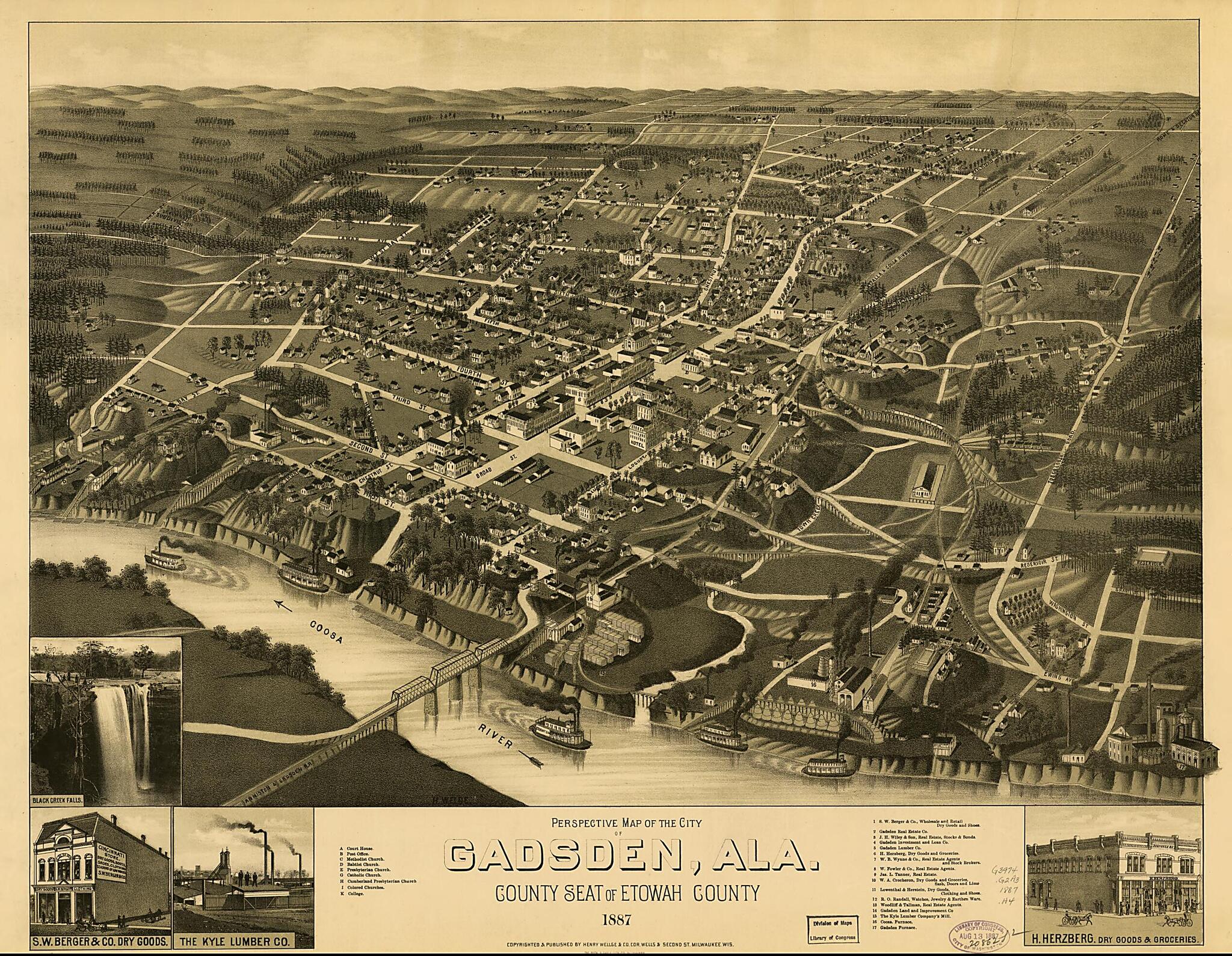 This old map of Perspective Map of the City of Gadsden,Alabama County Seat of Etowah County from 1887 was created by Beck & Pauli, Henry Wellge & Co, H. (Henry) Wellge in 1887