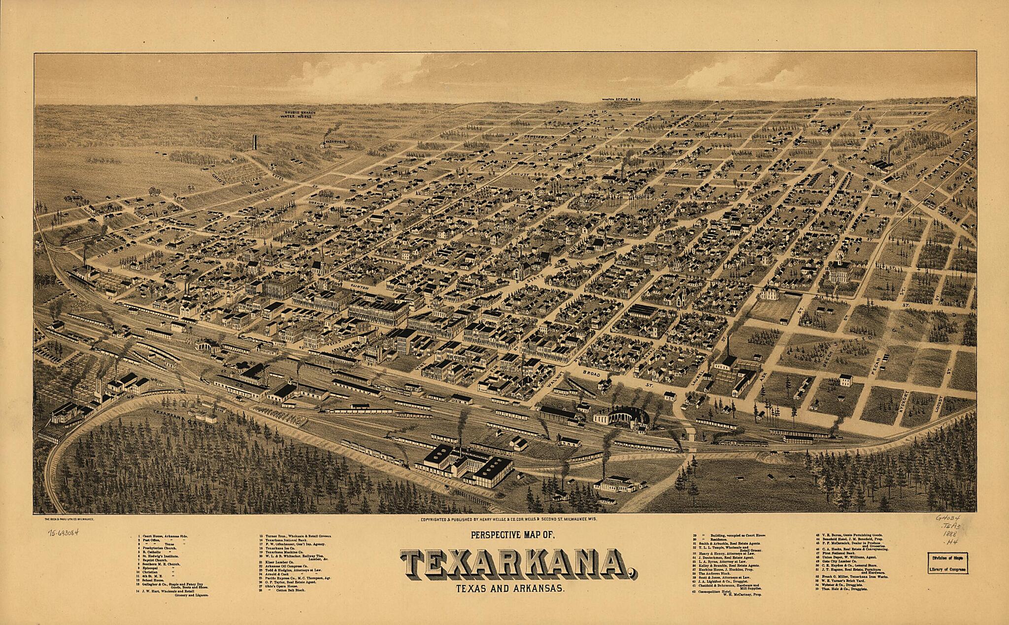 This old map of Perspective Map Of, Texarkana, Texas and Arkansas from 1888 was created by Beck & Pauli, Henry Wellge & Co in 1888