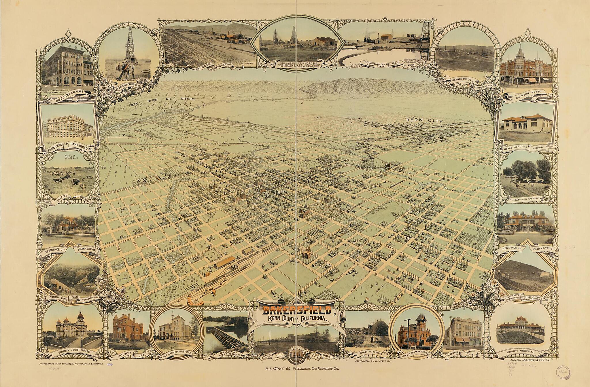 This old map of Bakersfield, Kern County, California, from 1901 was created by Britton & Rey, Stone (N.J.) Company in 1901