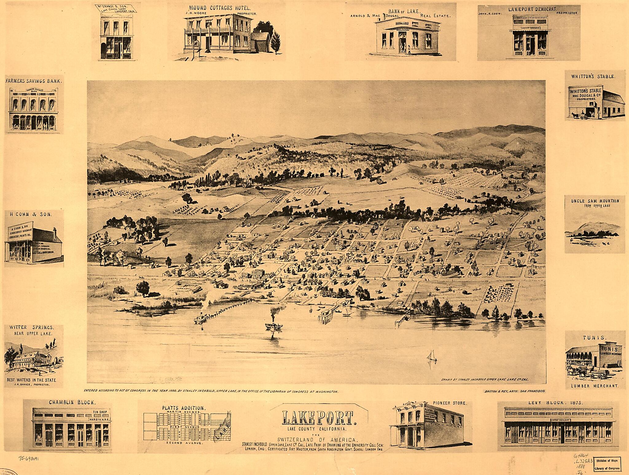 This old map of Lakeport, Lake County, California from 1888 was created by Britton & Rey, Stanley Inchbold in 1888