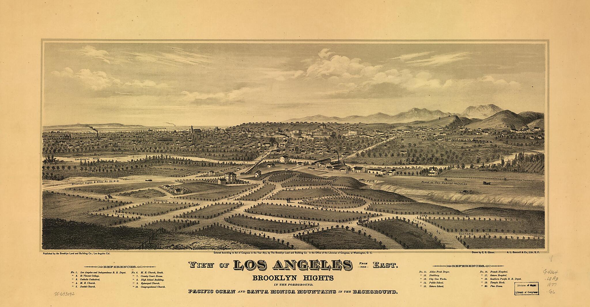 This old map of View of Los Angeles from the East. Brooklyn Hights In the Foreground; Pacific Ocean and Santa Monica Mountains In the Background from 1877 was created by A.L. Bancroft & Company, Brooklyn Land and Building Co, E. S. (Eli Sheldon) Glover