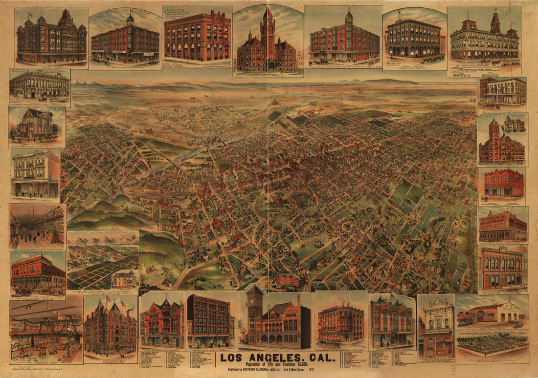 This old map of Los Angeles,California, Population of City and Environs 65,000 was created by Elliott Pub. Co, H. B. Elliott, Southern California Land Co in 1891