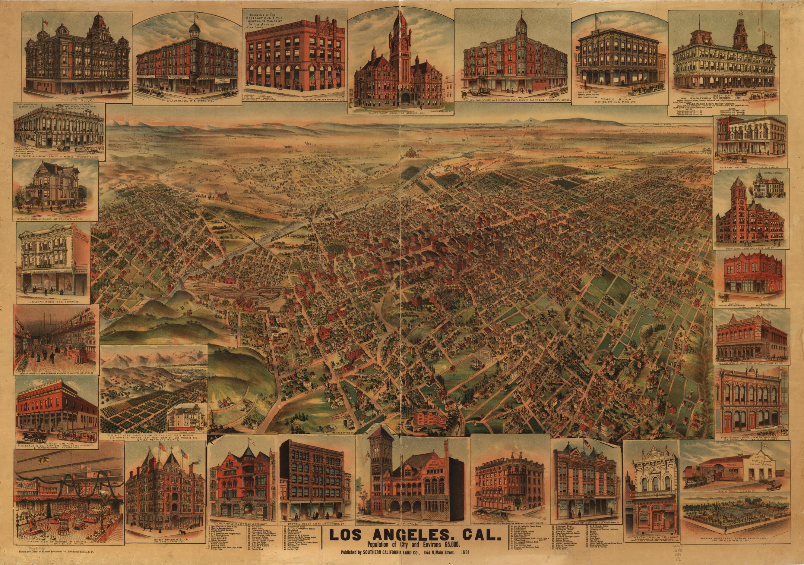 This old map of Los Angeles,California, Population of City and Environs 65,000 was created by Elliott Pub. Co, H. B. Elliott, Southern California Land Co in 1891