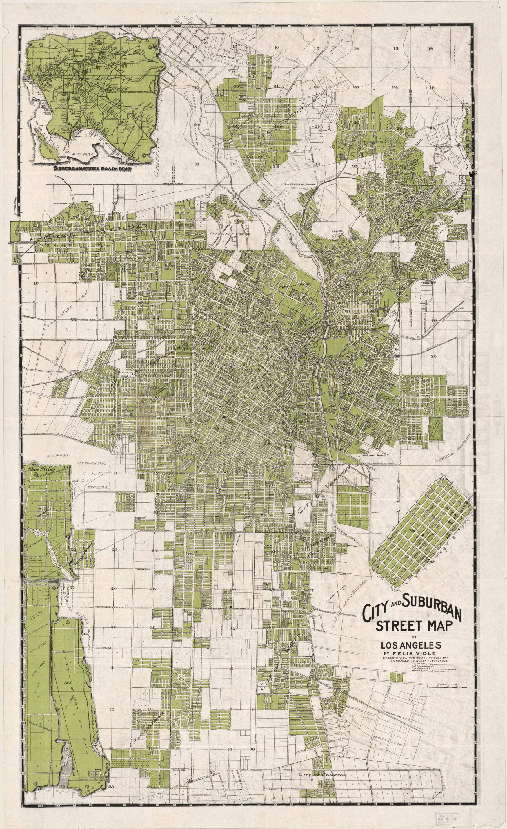 This old map of Los Angeles from 1909 was created by Birdseye View Publishing Co, Worthington Gates, Western Litho. Co in 1909
