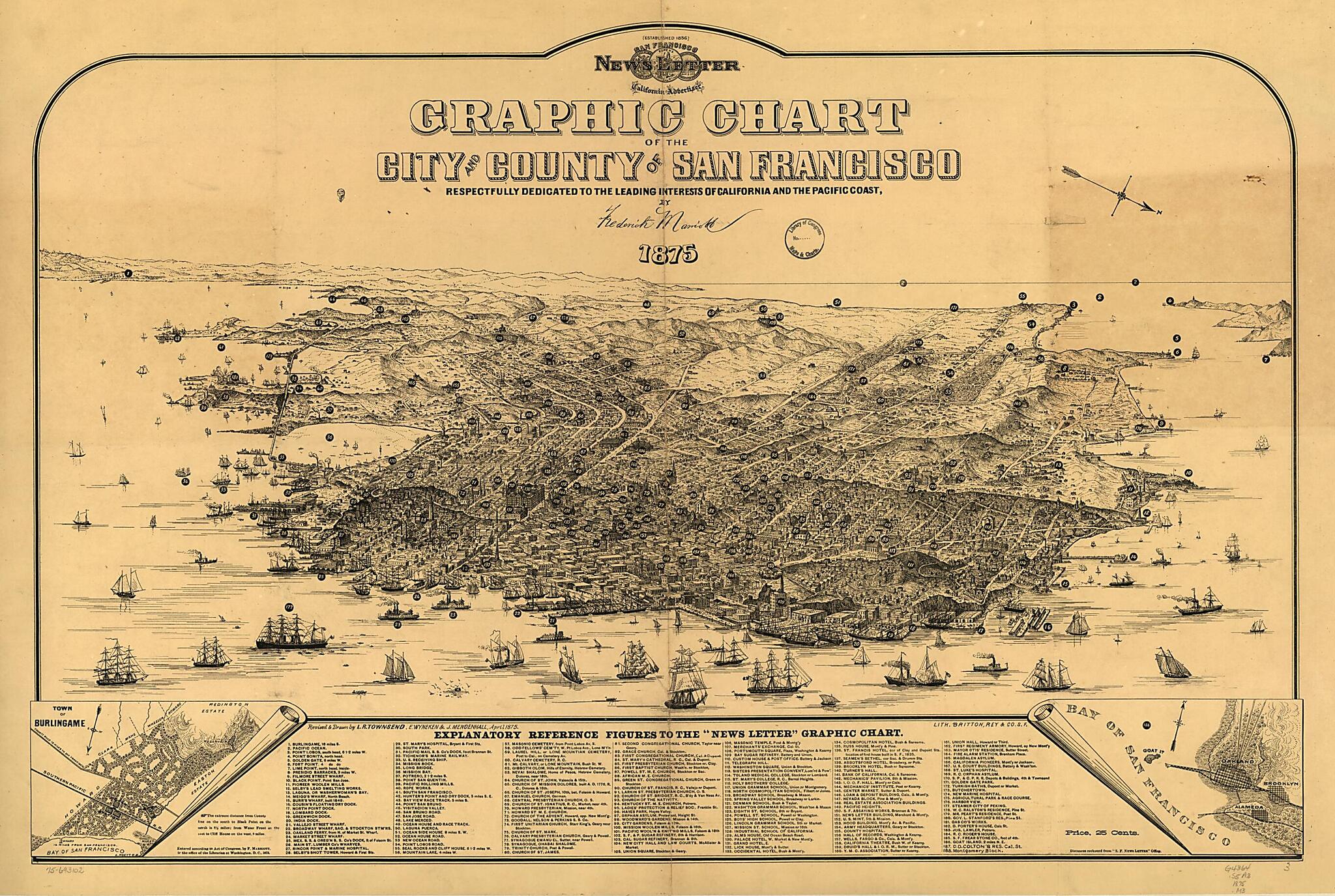 This old map of Graphic Chart of the City and County of San Francisco from 1875 was created by Rey & Co Britton, Frederick Marriott, J. Mendenhall, Louis R. Townsend, Leopold Ernest Wyneken in 1875