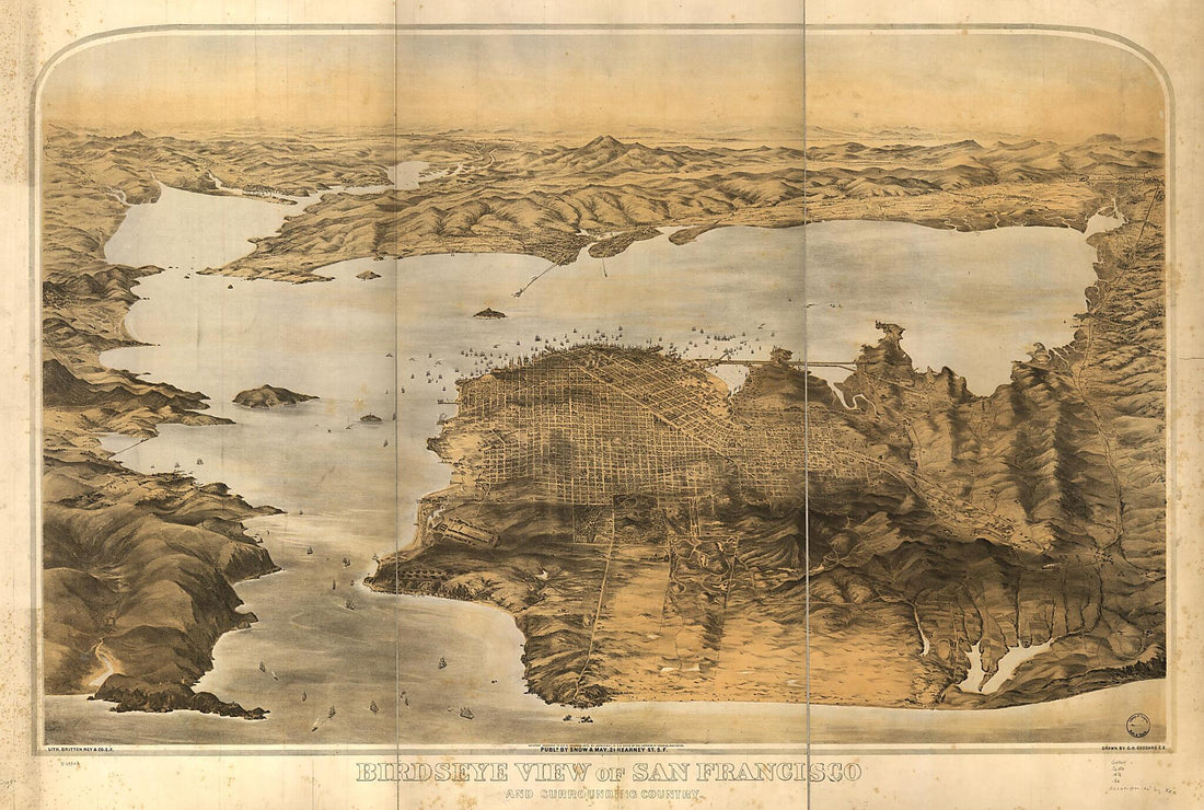 This old map of Birdseye View of San Francisco and Surrounding Country from 1876 was created by Rey & Co Britton, G. H. Goddard, Snow & May in 1876
