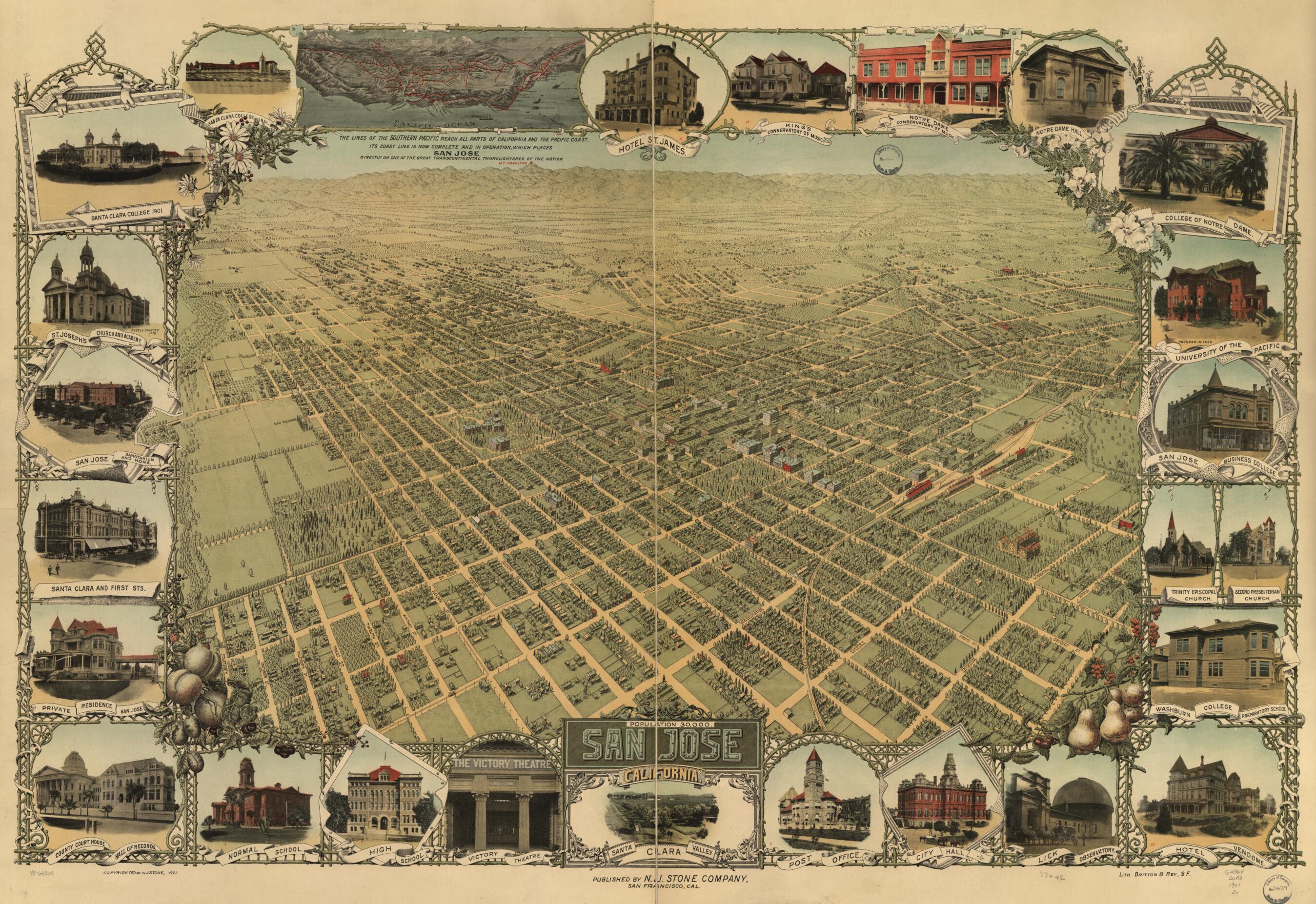 This old map of San Jose, California from 1901 was created by Britton & Rey, Stone (N.J.) Company in 1901