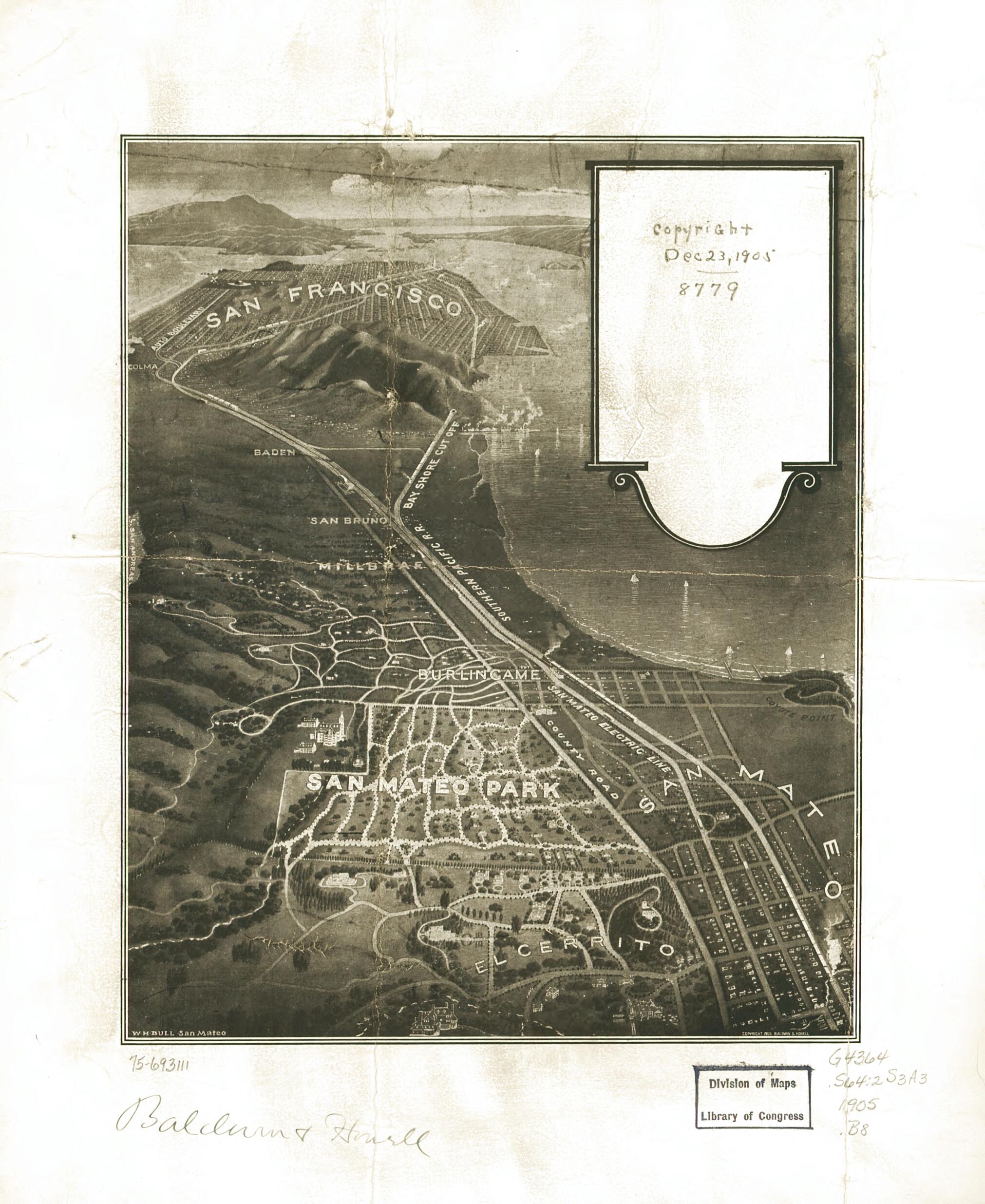 This old map of San Mateo Park from 1905 was created by Baldwin & Howell, William H. Bull in 1905