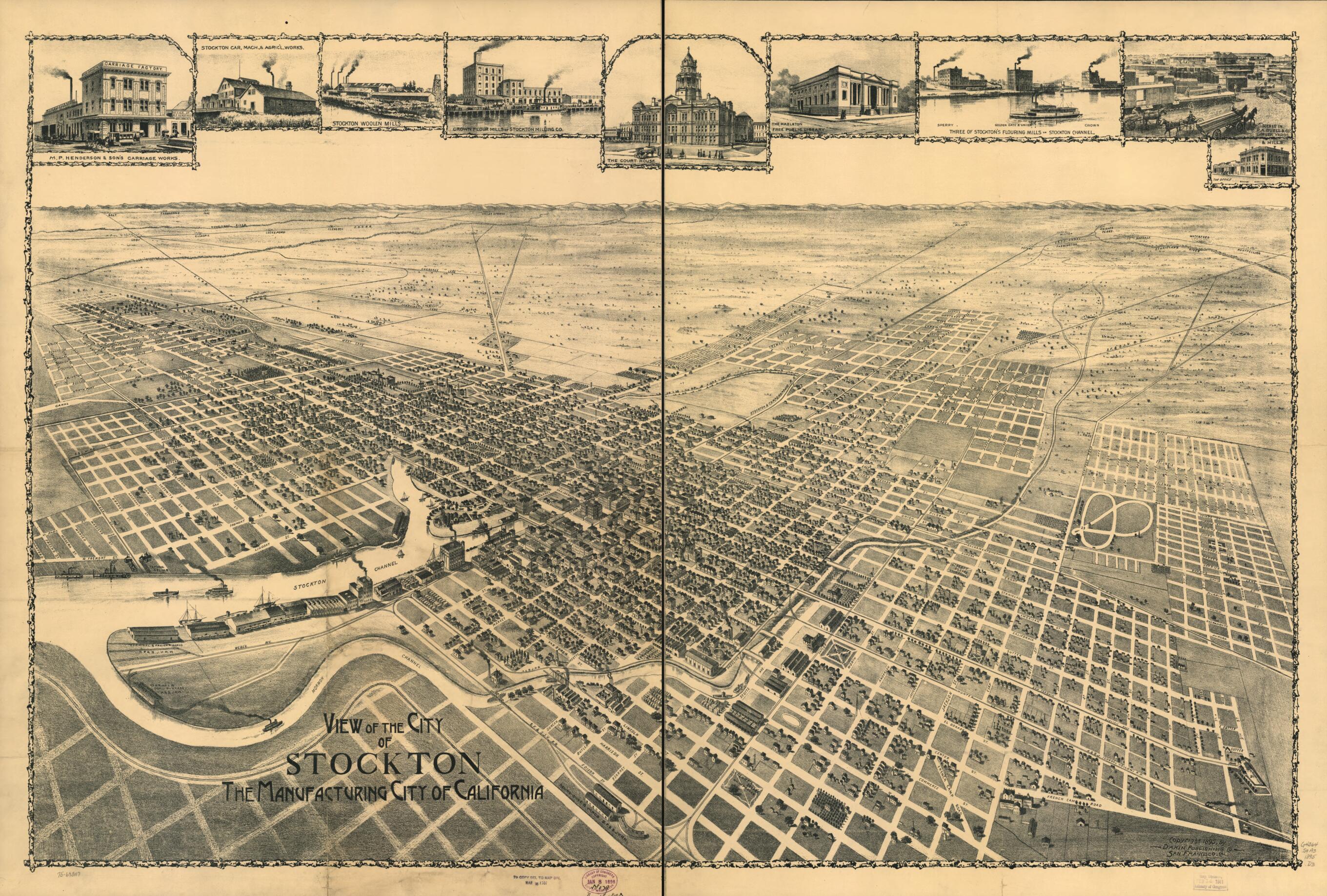 This old map of View of City of Stockton, the Manufacturing City of California from 1895 was created by Dakin Publishing Co in 1895