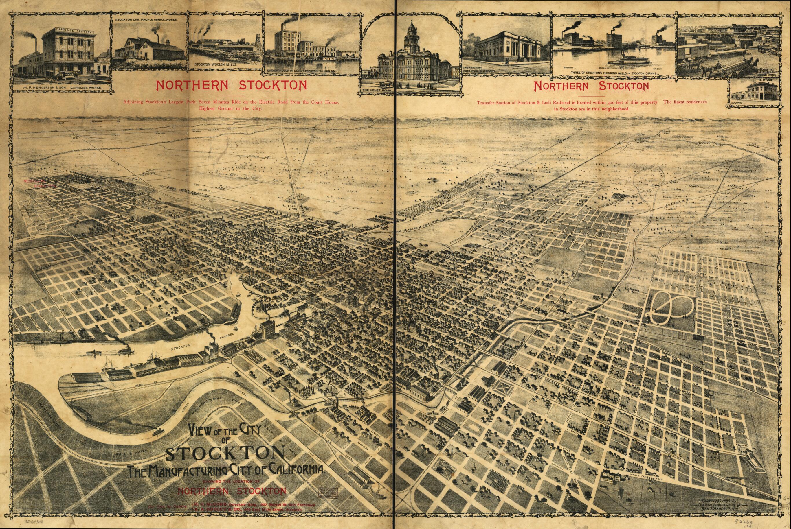 This old map of View of the City of Stockton, the Manufacturing City of California Showing the Location of Northern Stockton from 1895 was created by Dakin Publishing Co in 1895