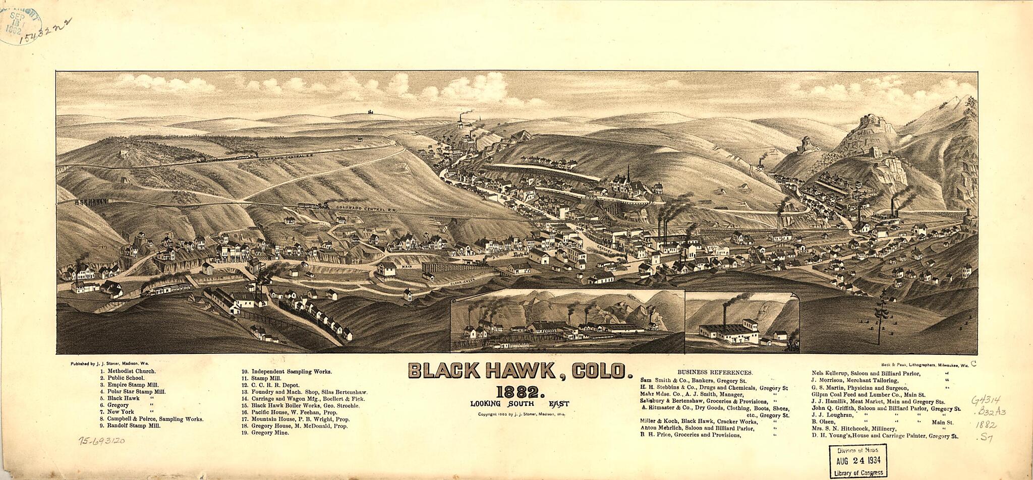 This old map of Black Hawk,Colorado from 1882 was created by Beck & Pauli, J. J. Stoner in 1882