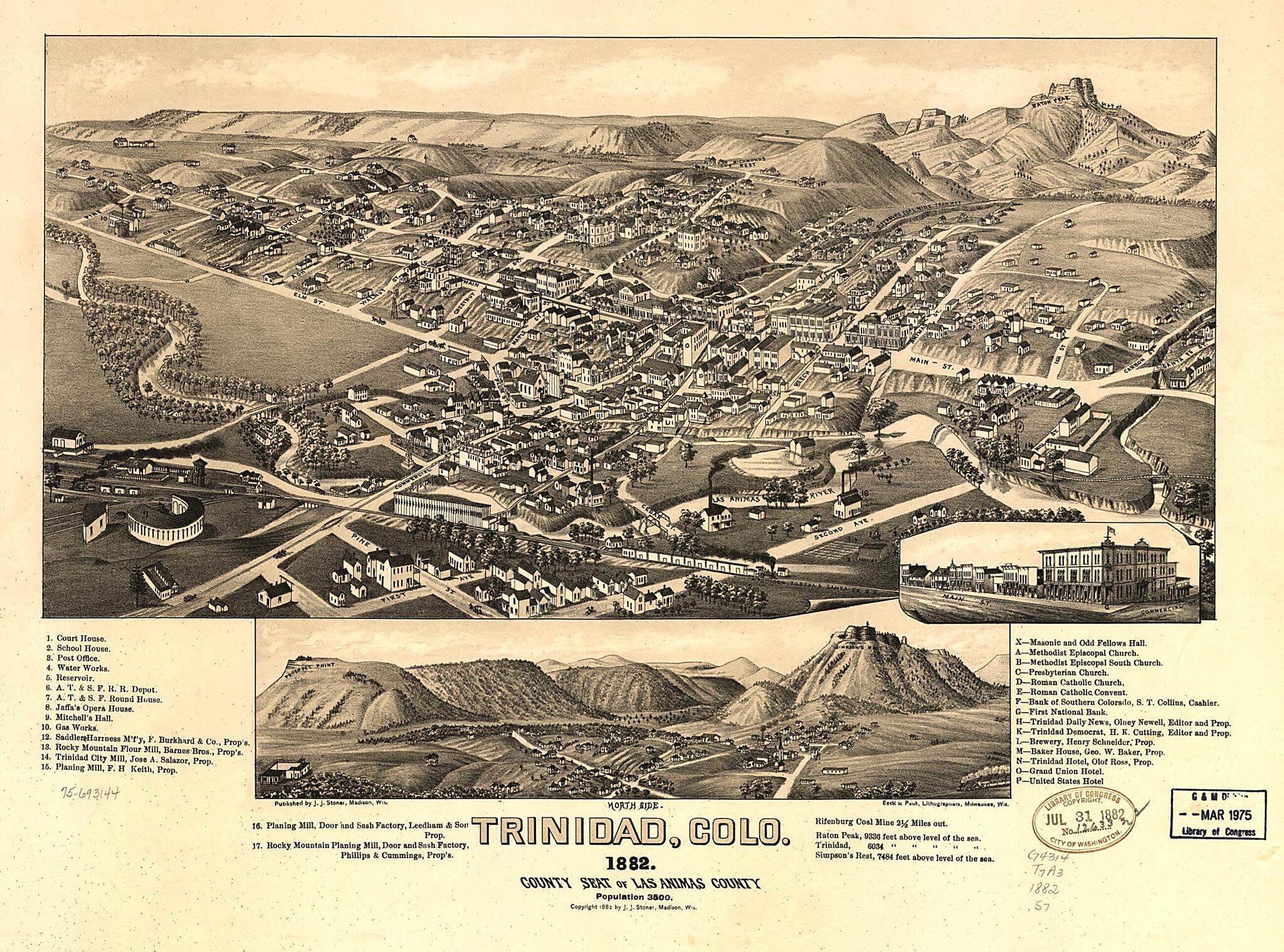 This old map of Trinidad,Colorado from 1882 County Seat of Las Animas County was created by Beck & Pauli, J. J. Stoner in 1882