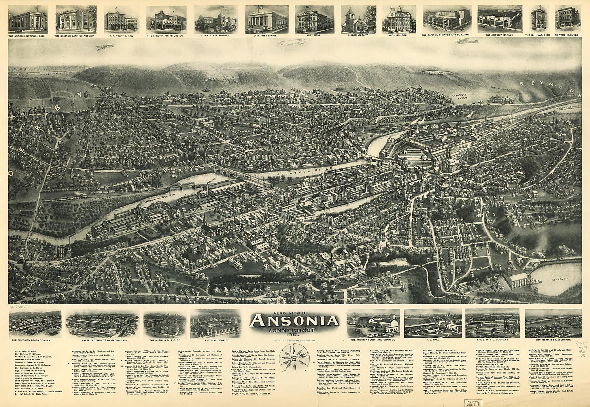 This old map of Aero View of Ansonia, Connecticut from 1921 was created by Hughes & Bailey in 1921
