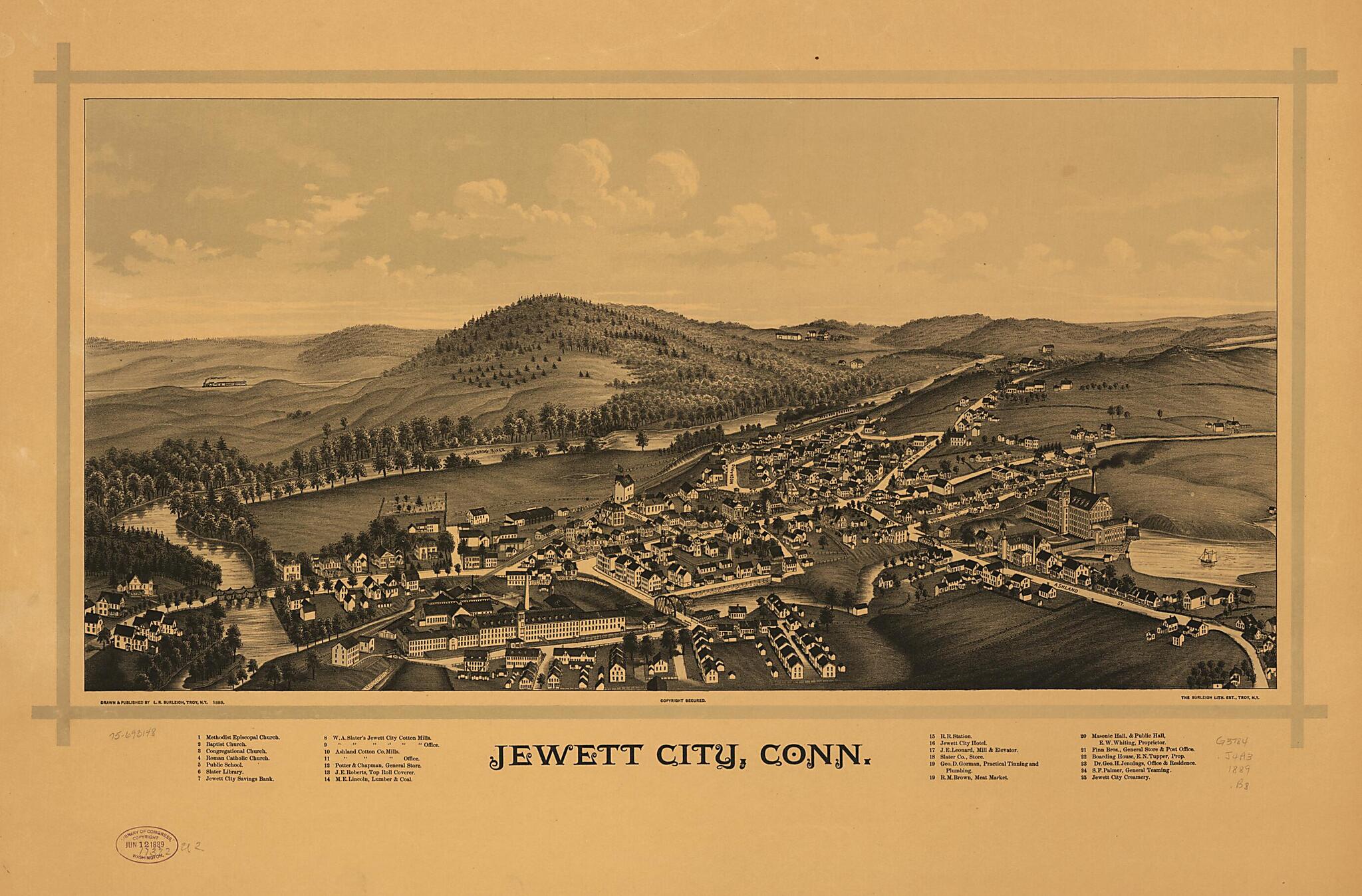 This old map of Jewett City, Connecticut from 1889 was created by Burleigh Litho, L. R. (Lucien R.) Burleigh in 1889