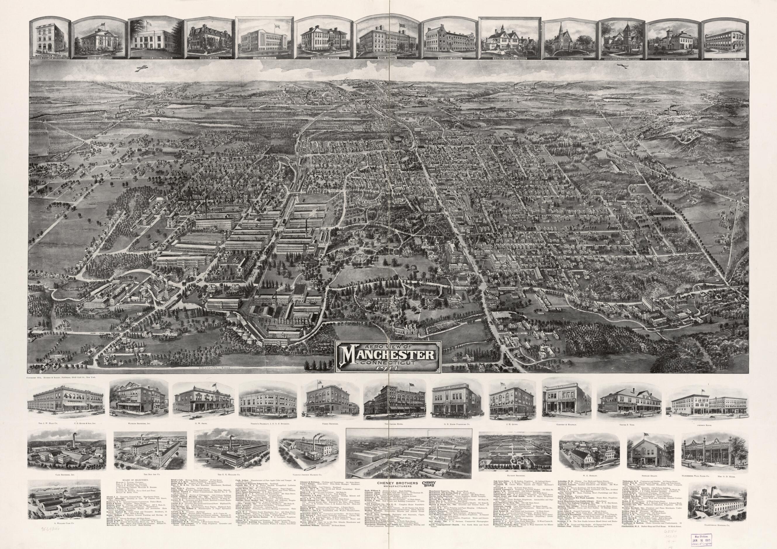 This old map of Aero View of Manchester, Connecticut from 1914 was created by Hughes & Bailey in 1914