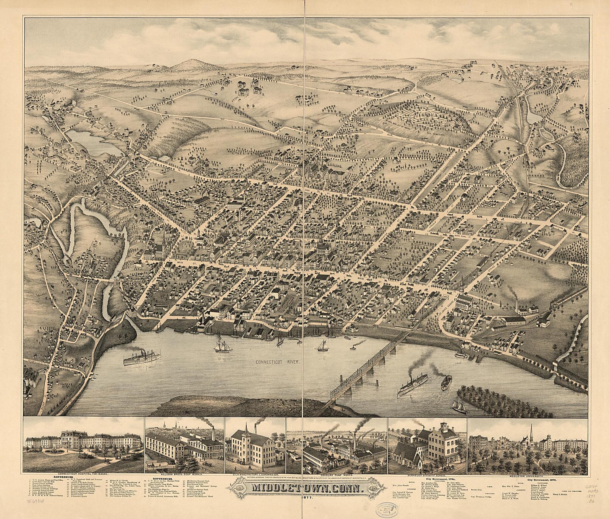 This old map of Middletown, Connecticut from 1877 was created by O.H. Bailey & Co in 1877