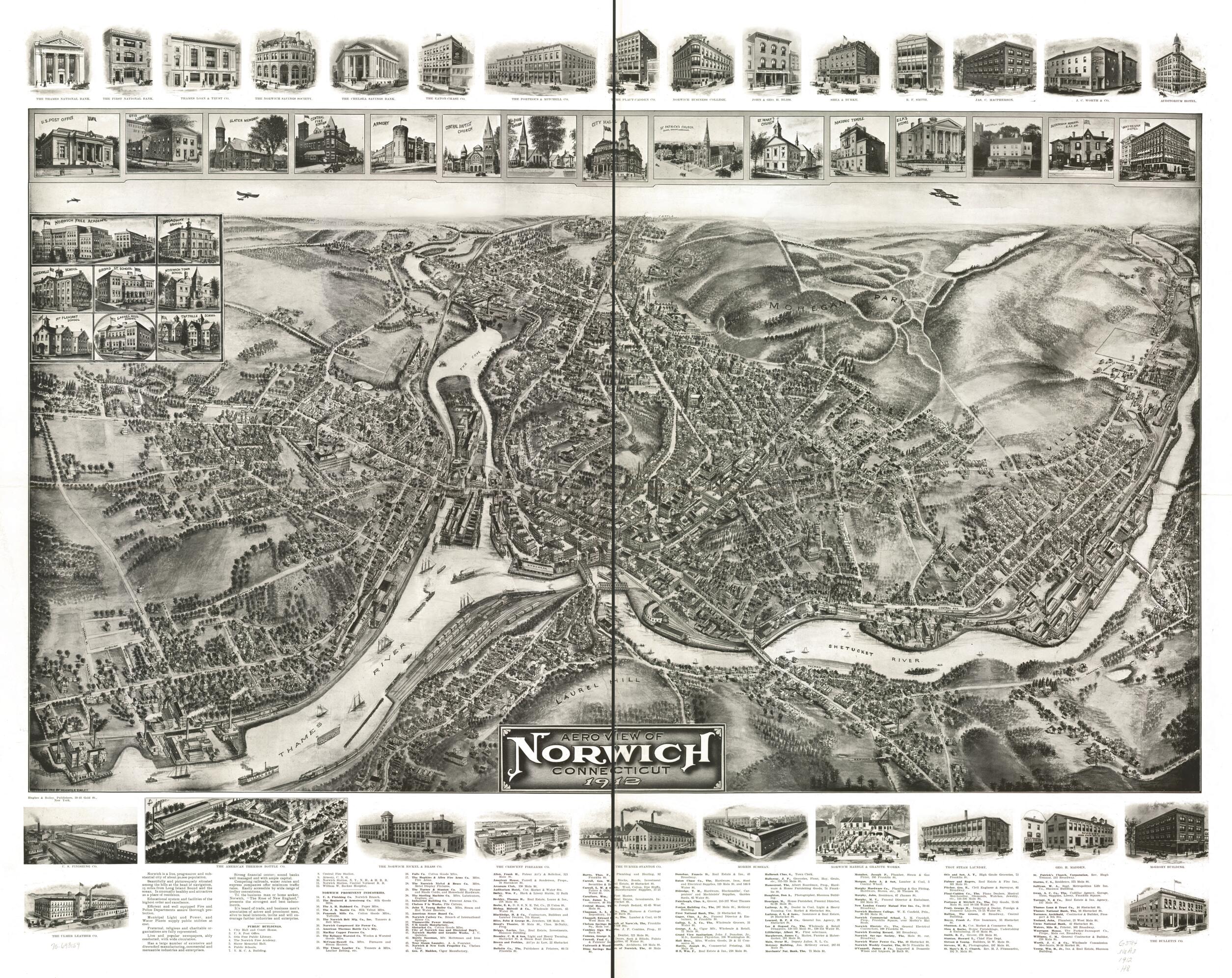 This old map of Aero View of Norwich, Connecticut from 1912 was created by Hughes & Bailey in 1912